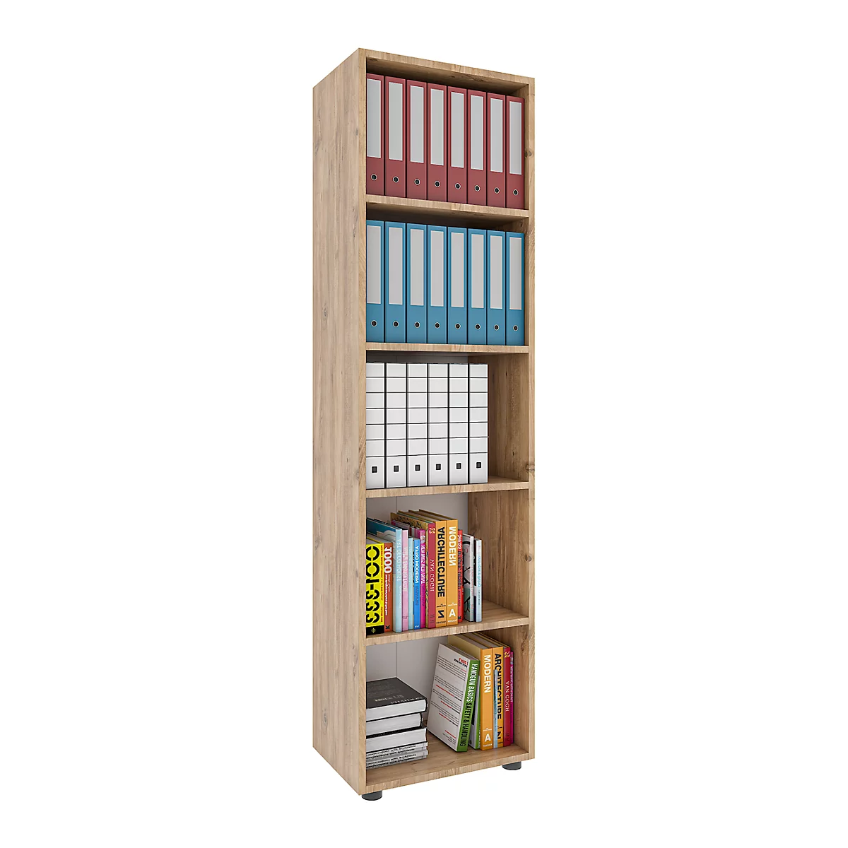 Étagère à dossiers Ulas, 5 hauteurs de classeurs, 4 tablettes, pour env. 30 classeurs, L 490 x P 320 x H 1780 mm, bois, chêne miel