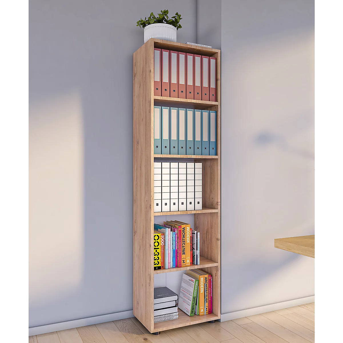 Étagère à dossiers Ulas, 5 hauteurs de classeurs, 4 tablettes, pour env. 30 classeurs, L 490 x P 320 x H 1780 mm, bois, chêne miel