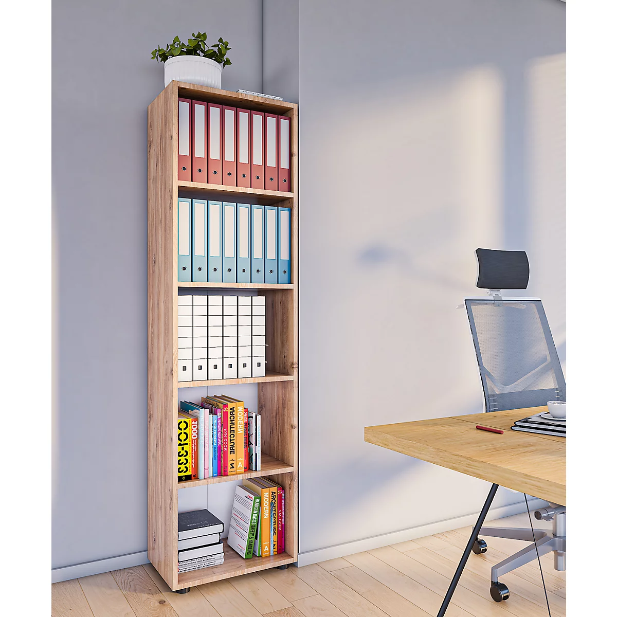 Étagère à dossiers Ulas, 5 hauteurs de classeurs, 4 tablettes, pour env. 30 classeurs, L 490 x P 320 x H 1780 mm, bois, chêne miel