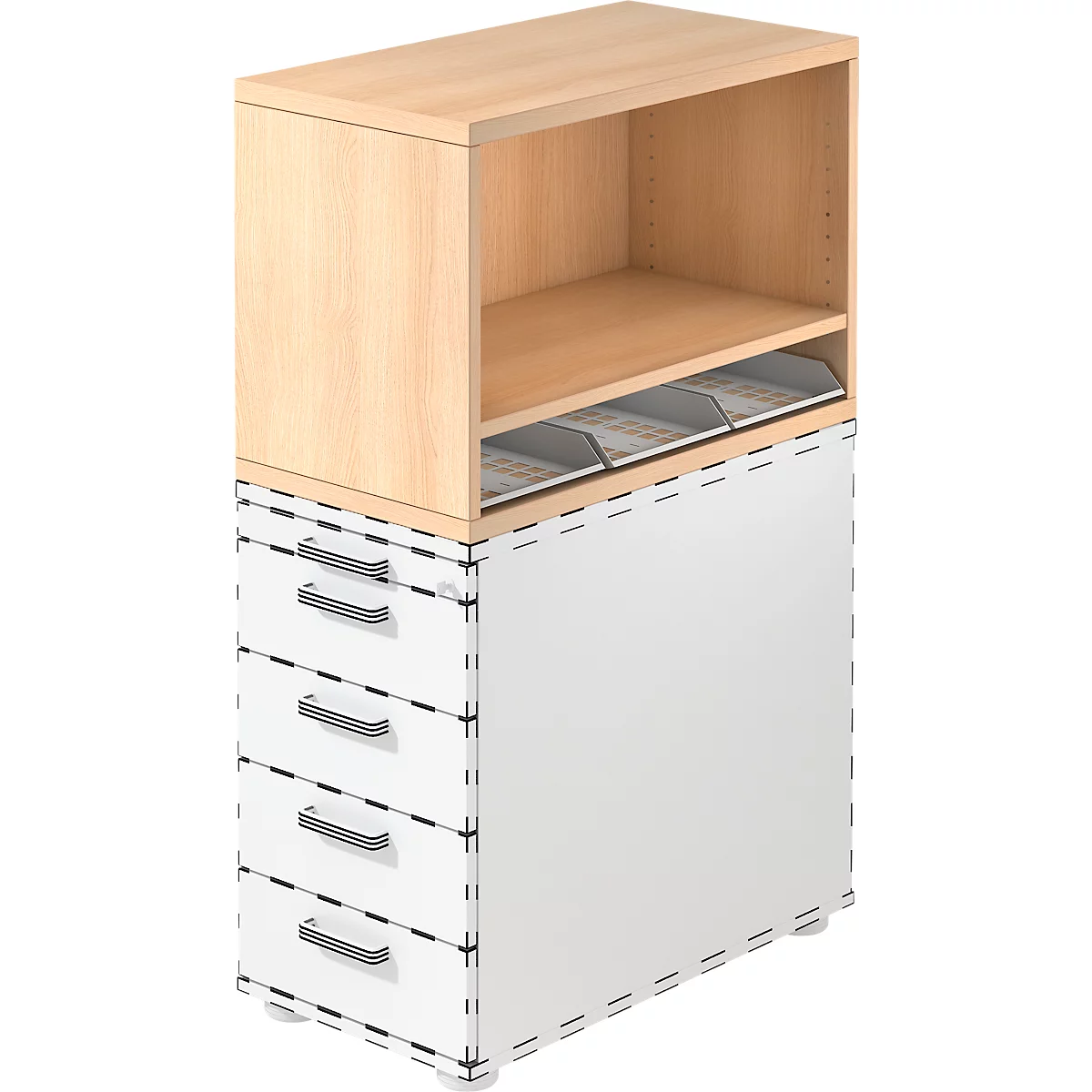 Etagère à poser Breno, pour caisson sur pied Breno, y compris 3 inserts en plastique, L 428 x P 800 x H 530 mm, panneau de particules, chêne