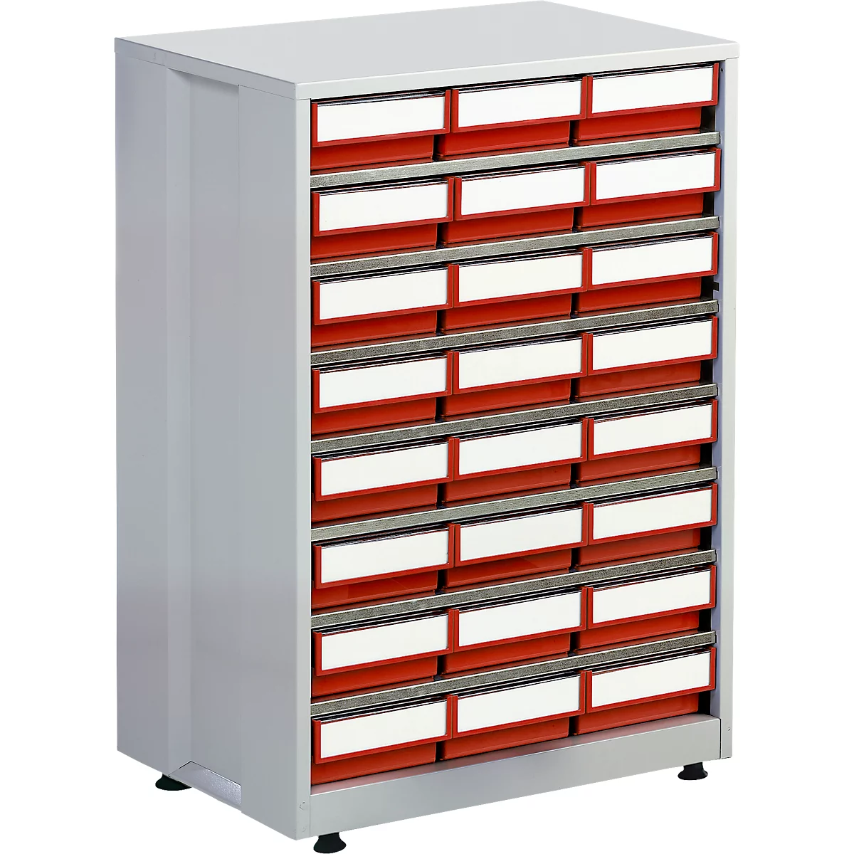 Armoire grise avec de nombreux tiroirs, rouge et blanc. Idéal pour le stockage et l'organisation.