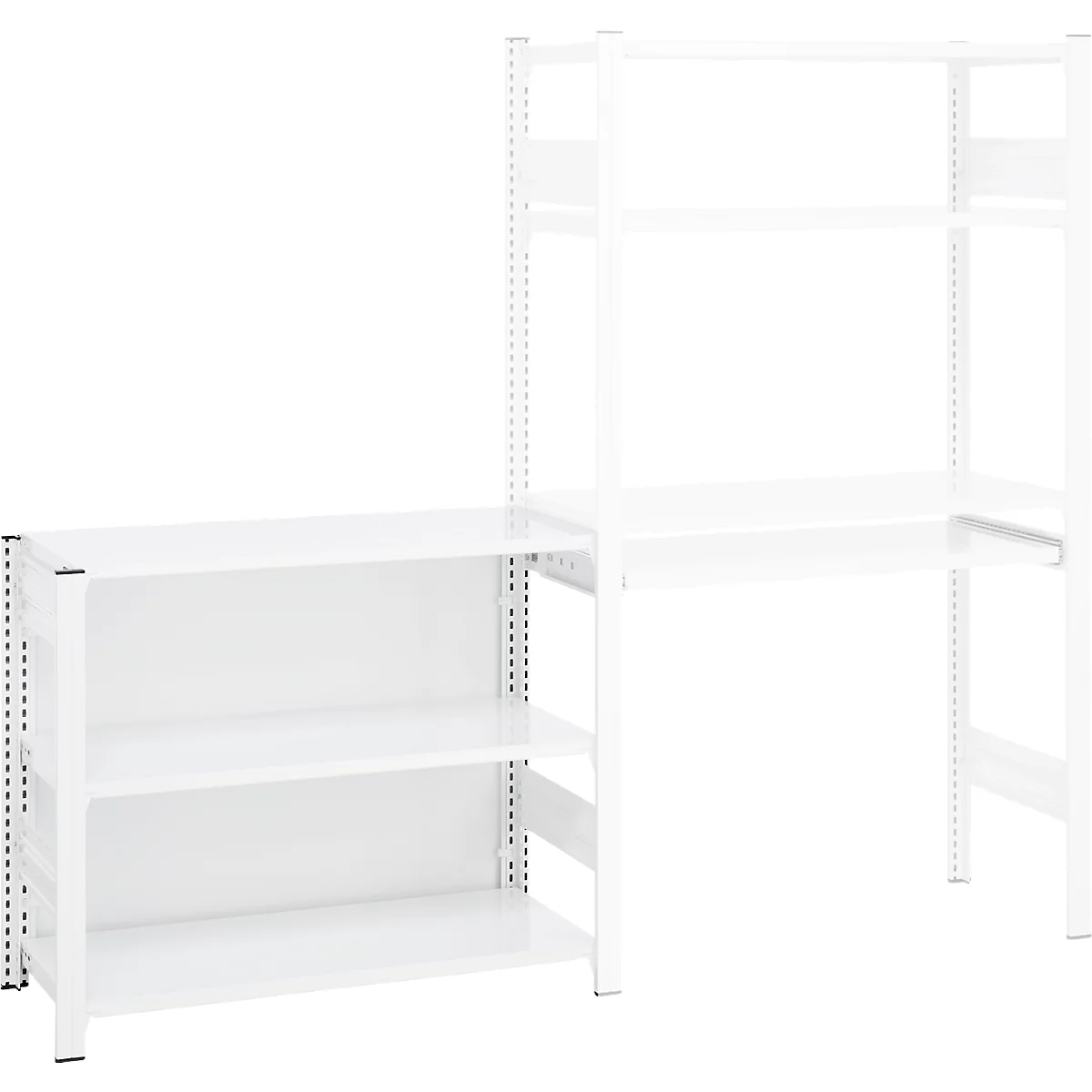 Système d'étagères blanches qui sert de bureau et d'étagère.