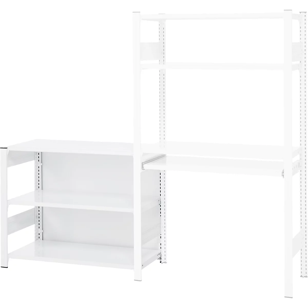 Combinaison bureau-étagère blanche et minimaliste à plusieurs niveaux.