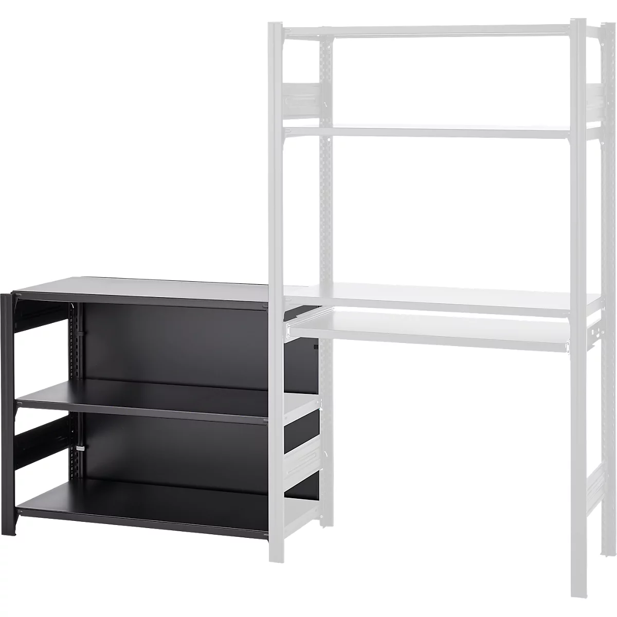 Étagère noire avec trois étagères et une structure de bureau blanche en arrière-plan.