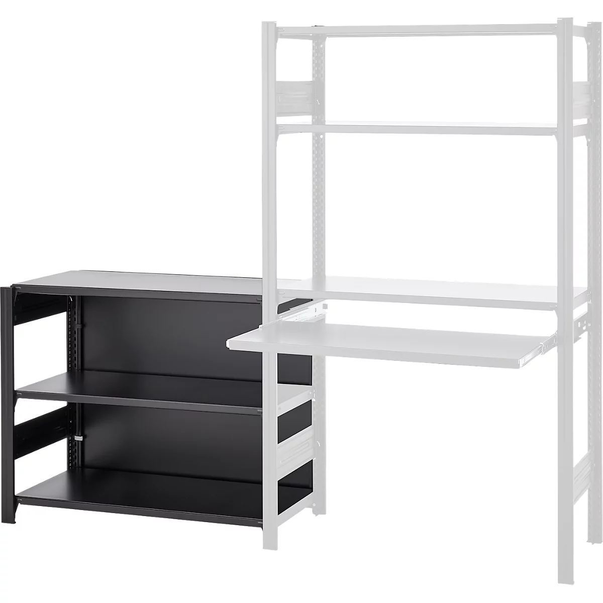 Étagère noire à trois niveaux. À droite, un cadre blanc avec plateau et étagères.