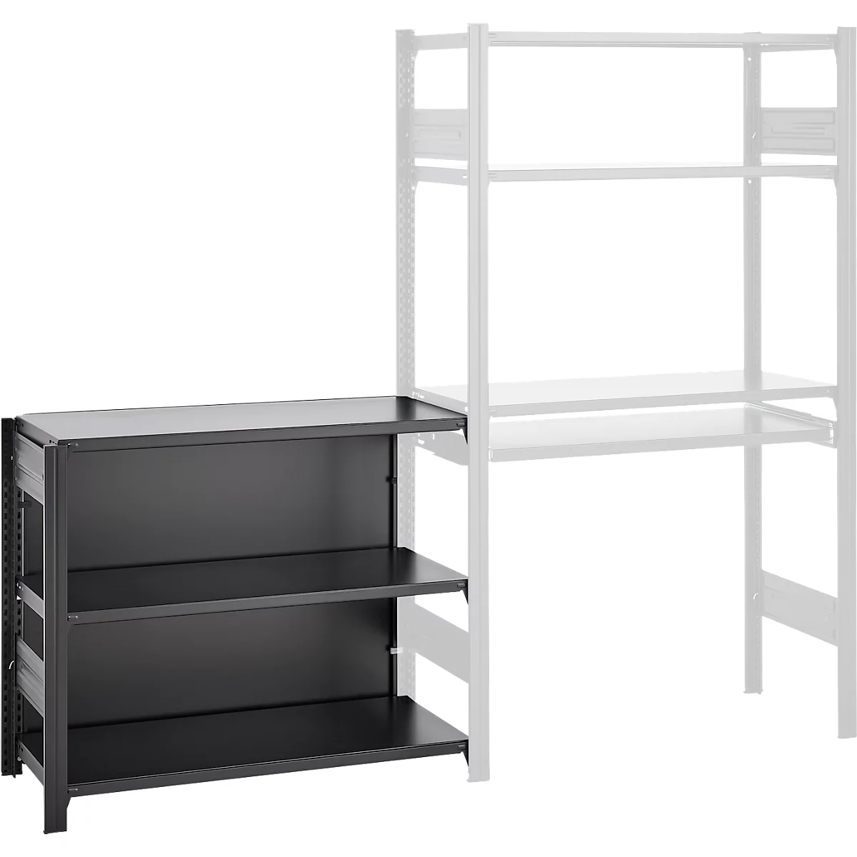 Étagère noire à trois niveaux à côté d'un rayonnage clair et esquissé.