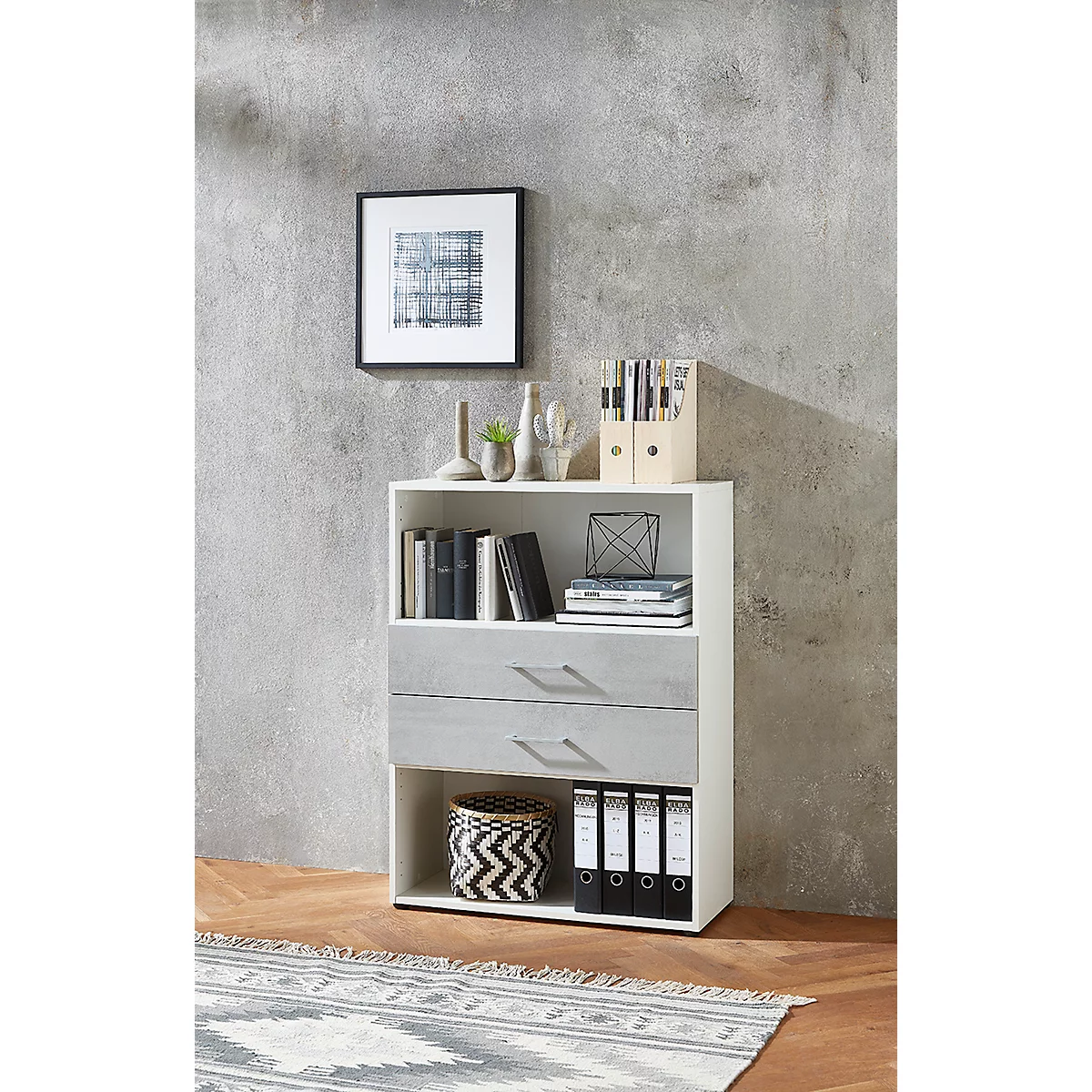 Etagère combinée avec 2 tiroirs TEMPIO - en bois - l. 800 x P 340 x H 1070 mm - blanc/béton