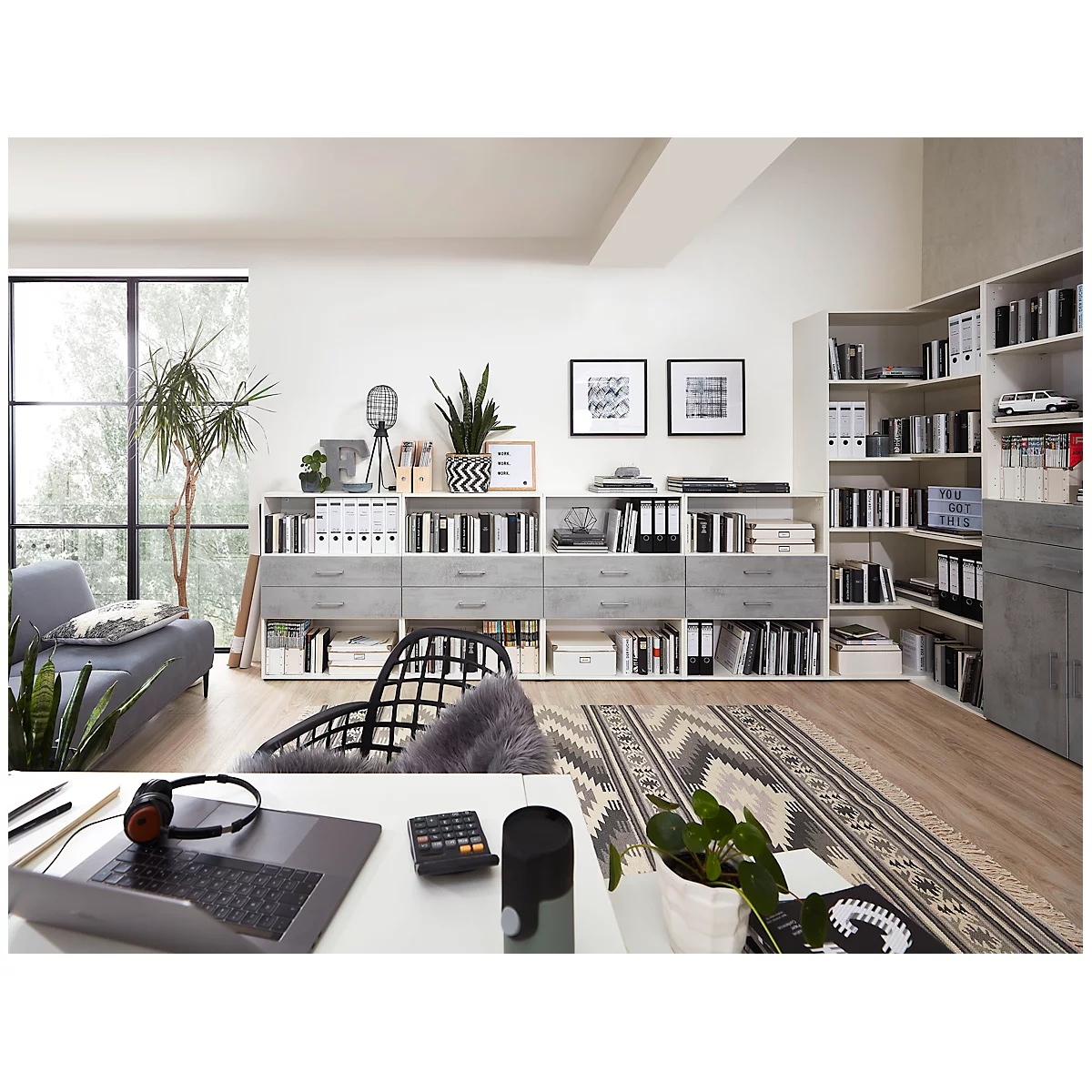 Etagère combinée avec 2 tiroirs TEMPIO - en bois - l. 800 x P 340 x H 1070 mm - blanc/béton