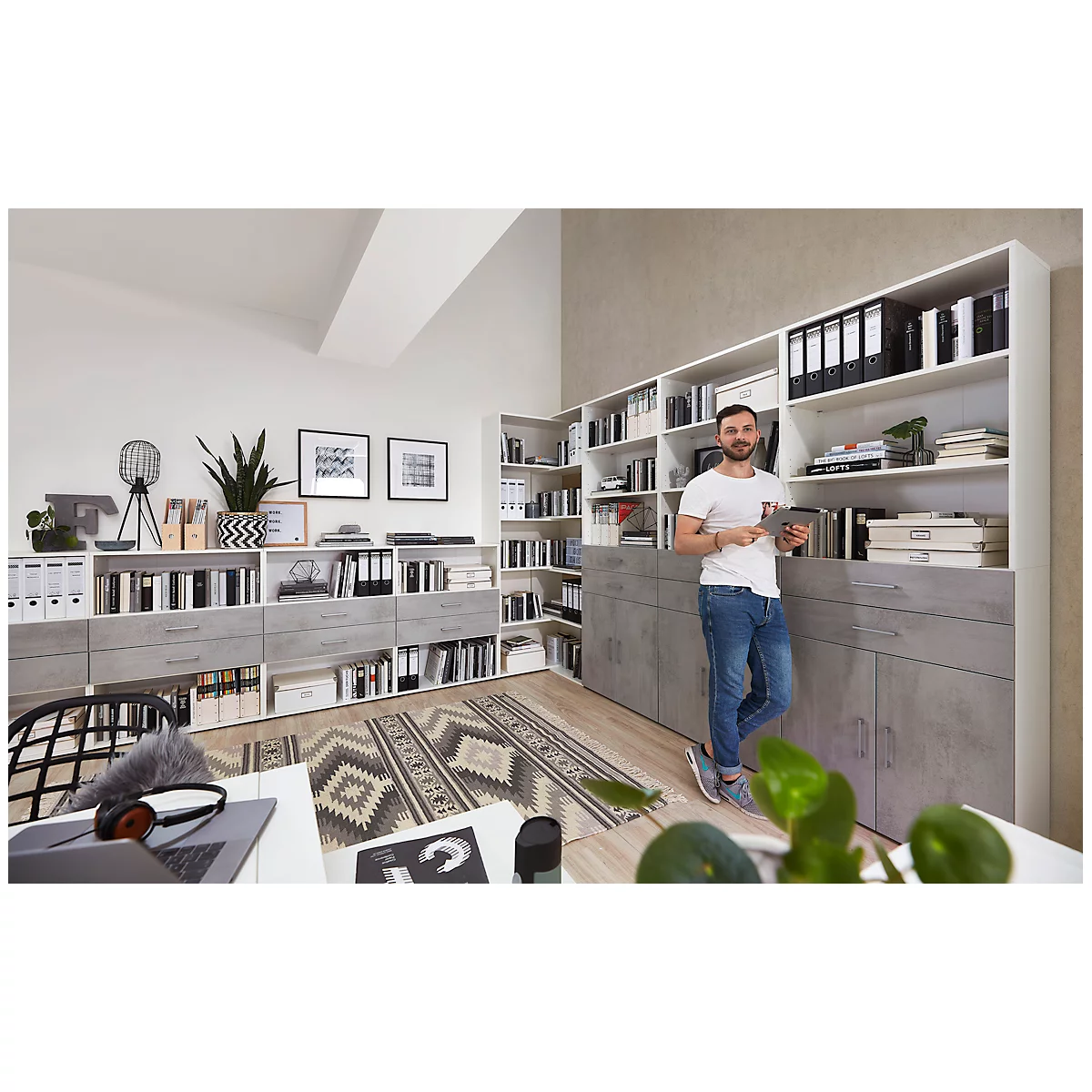 Etagère combinée avec 2 tiroirs TEMPIO - en bois - l. 800 x P 340 x H 1070 mm - blanc/blanc