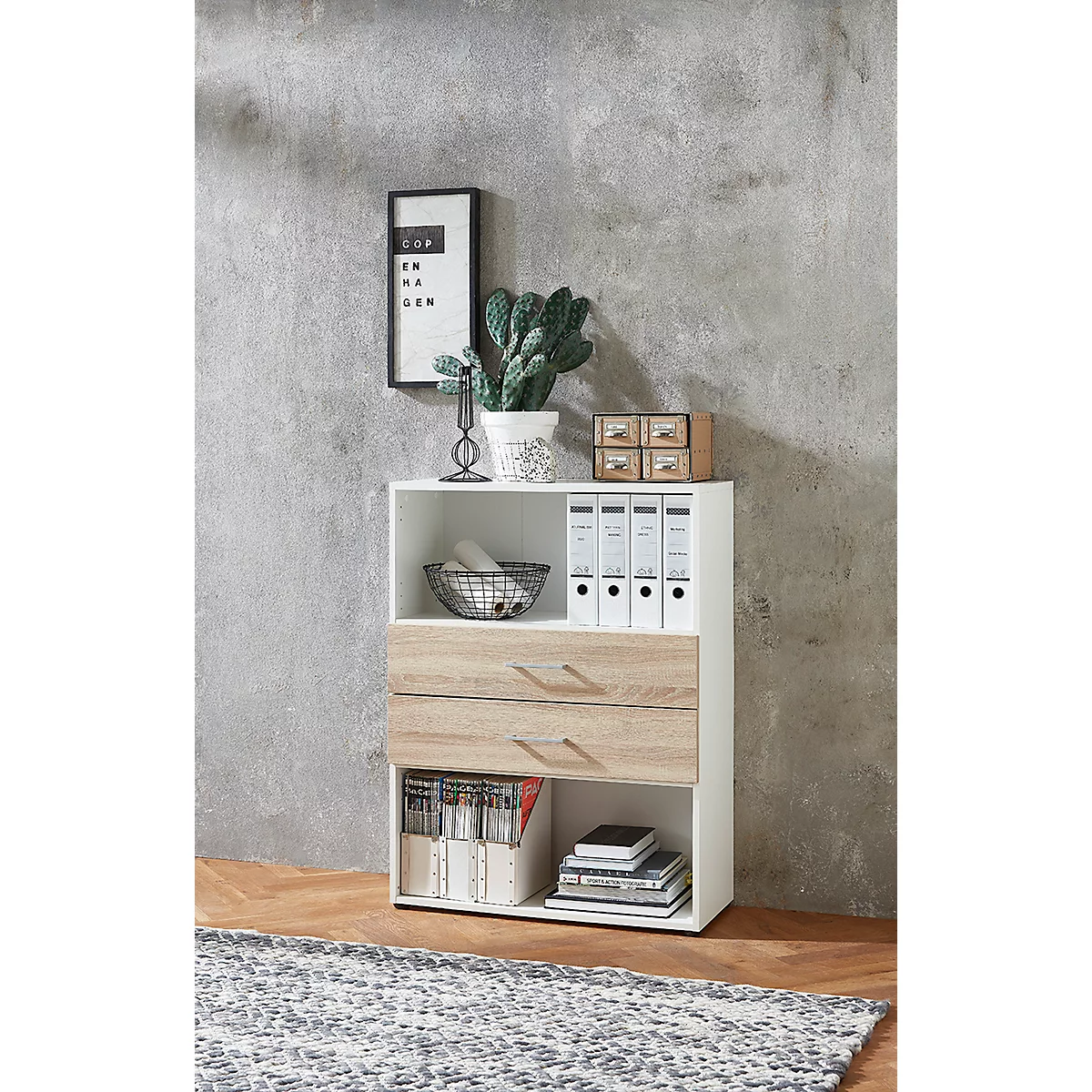 Etagère combinée avec 2 tiroirs TEMPIO - en bois - l. 800 x P 340 x H 1070 mm - blanc/chêne Sonoma
