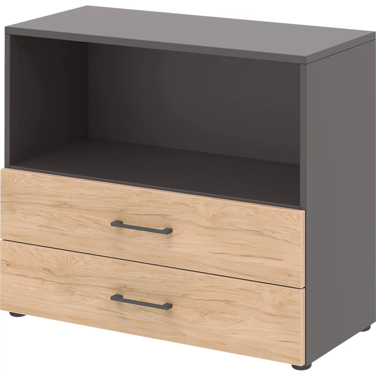Etagère combinée de bureau TEMPIO, en bois, 2 tiroirs, 2 OH, L 800 x P 340 x H 720 mm, anthracite/chêne caryer