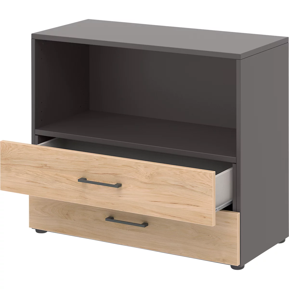 Etagère combinée de bureau TEMPIO, en bois, 2 tiroirs, 2 OH, L 800 x P 340 x H 720 mm, anthracite/chêne caryer