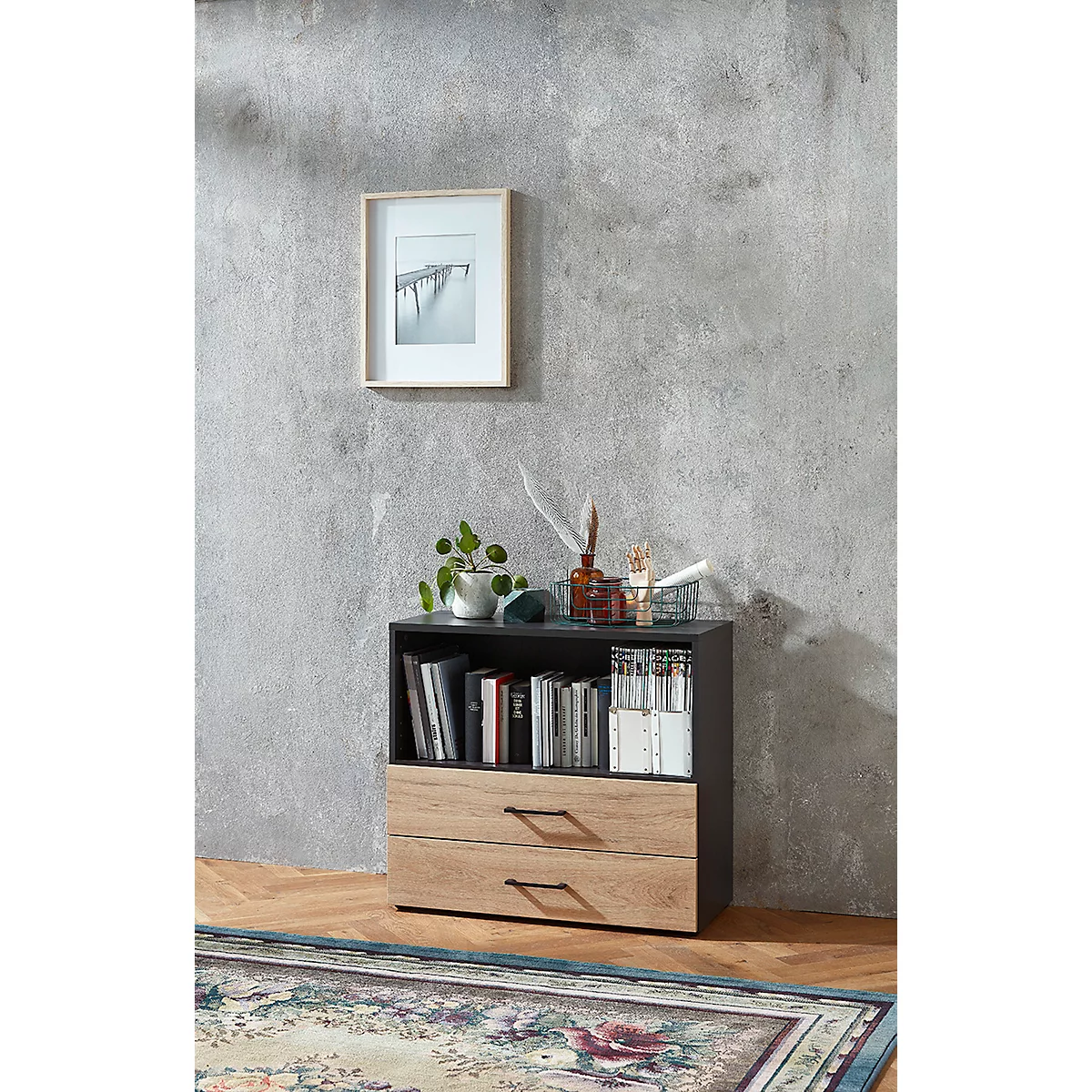 Etagère combinée de bureau TEMPIO, en bois, 2 tiroirs, 2 OH, L 800 x P 340 x H 720 mm, anthracite/chêne caryer