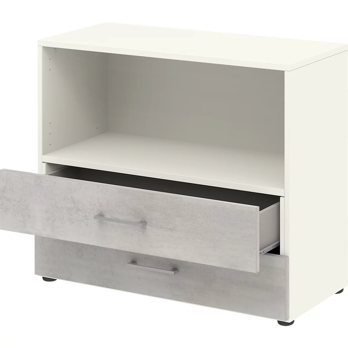 Etagère combinée de bureau TEMPIO, en bois, 2 tiroirs, 2 OH, L 800 x P 340 x H 720 mm, blanc/béton