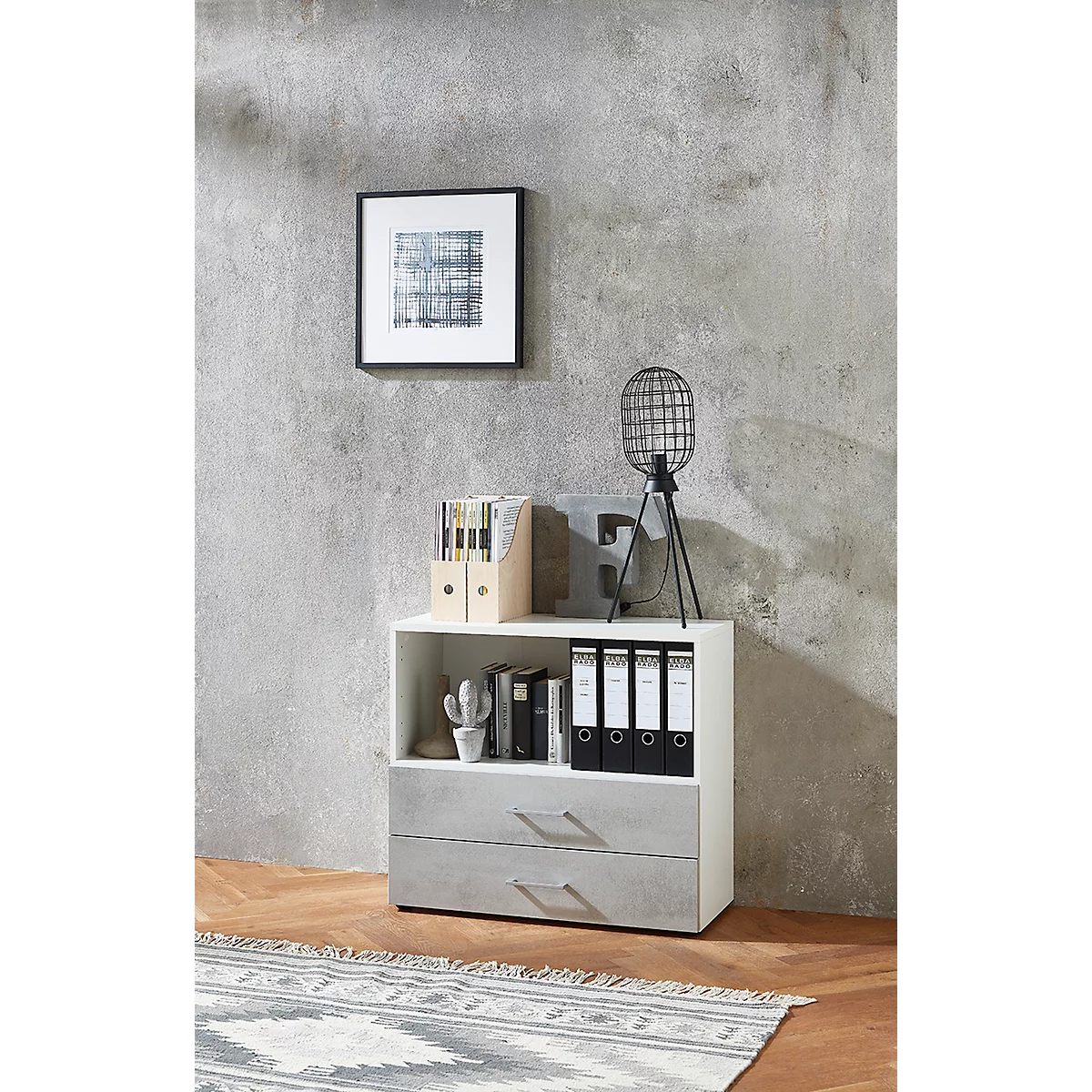 Etagère combinée de bureau TEMPIO, en bois, 2 tiroirs, 2 OH, L 800 x P 340 x H 720 mm, blanc/béton