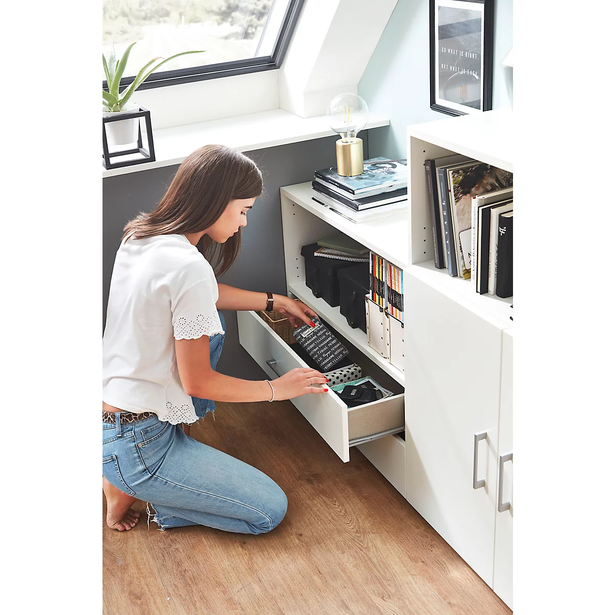 Etagère combinée de bureau TEMPIO, en bois, 2 tiroirs, 2 OH, L 800 x P 340 x H 720 mm, blanc/béton