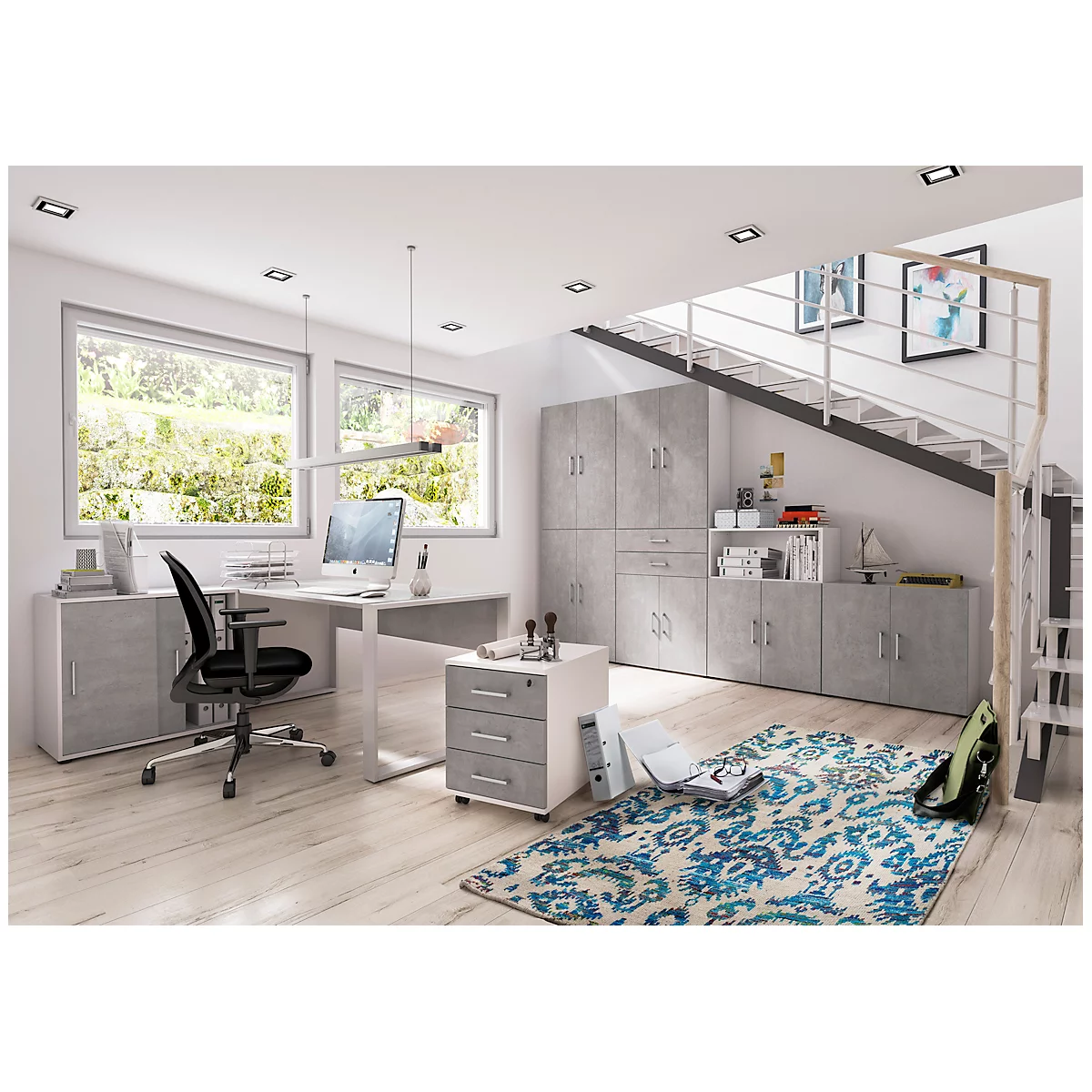 Etagère combinée de bureau TEMPIO, en bois, 2 tiroirs, 2 OH, L 800 x P 340 x H 720 mm, blanc/blanc