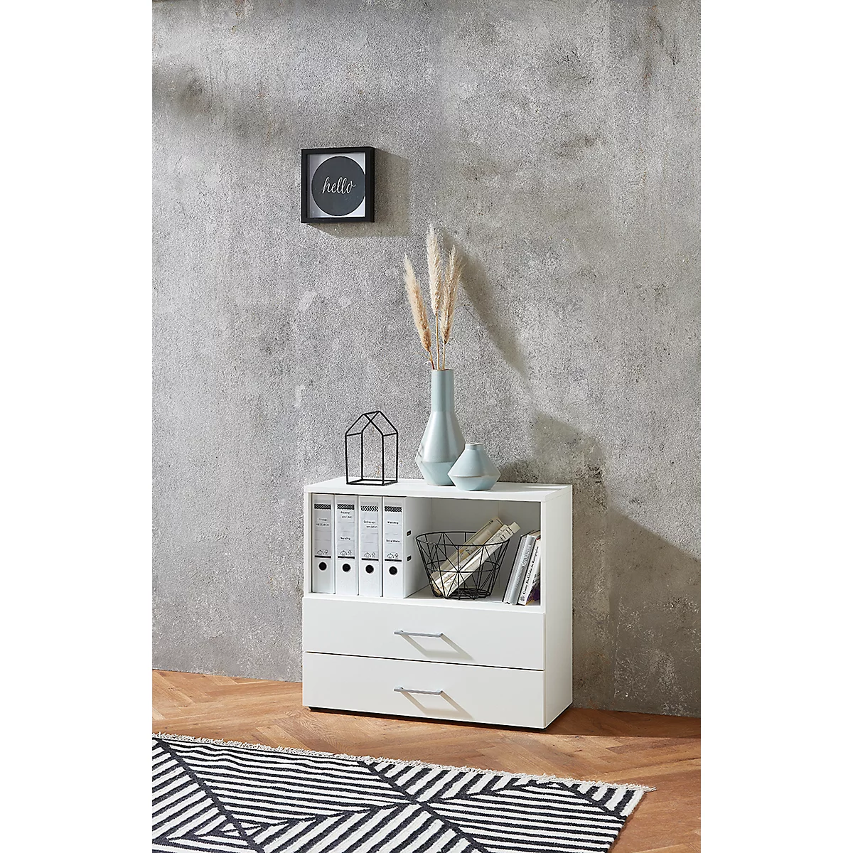 Etagère combinée de bureau TEMPIO, en bois, 2 tiroirs, 2 OH, L 800 x P 340 x H 720 mm, blanc/blanc