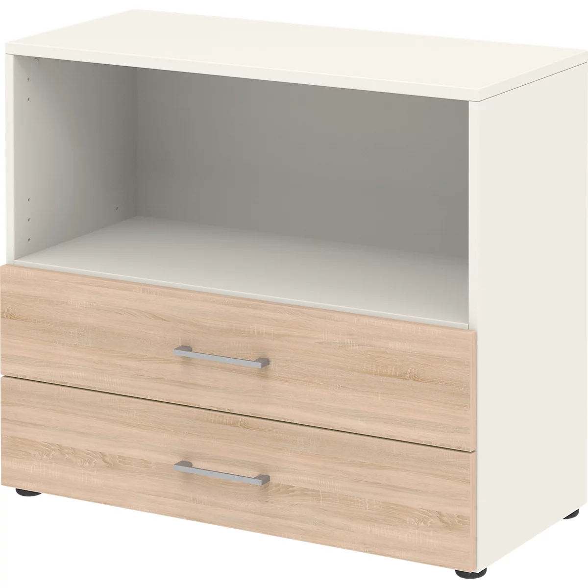 Etagère combinée de bureau TEMPIO, en bois, 2 tiroirs, 2 OH, L 800 x P 340 x H 720 mm, blanc/chêne Sonoma