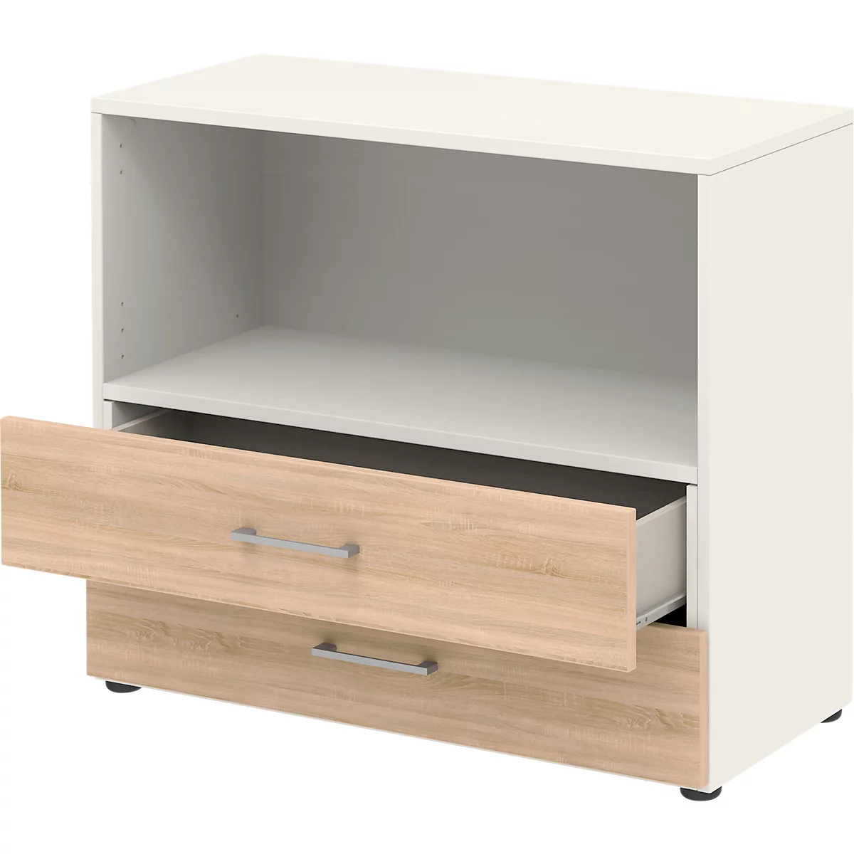 Etagère combinée de bureau TEMPIO, en bois, 2 tiroirs, 2 OH, L 800 x P 340 x H 720 mm, blanc/chêne Sonoma