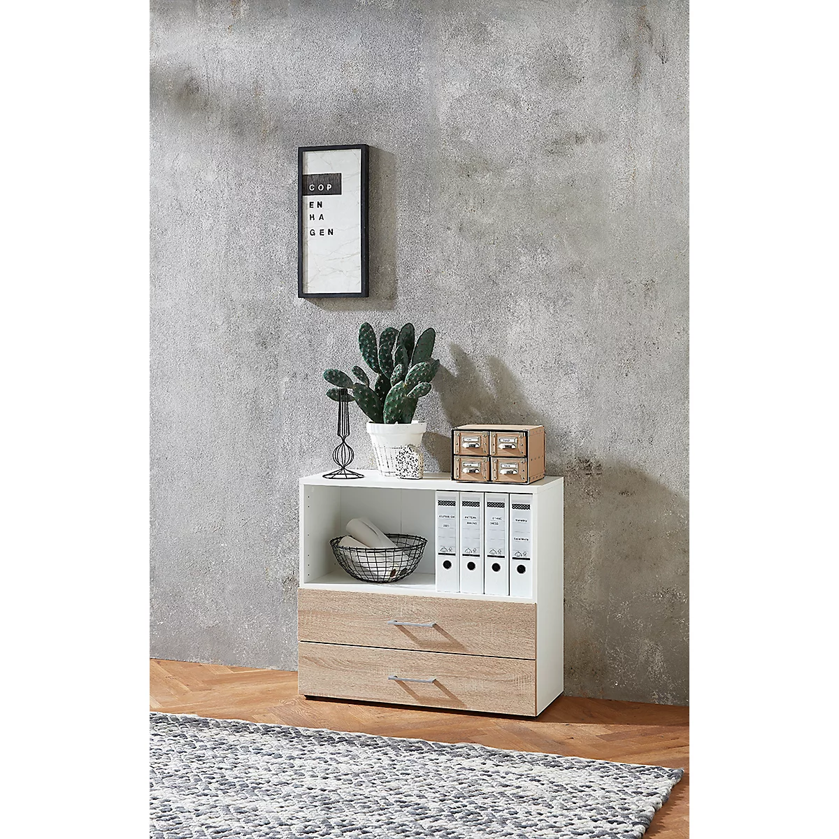 Etagère combinée de bureau TEMPIO, en bois, 2 tiroirs, 2 OH, L 800 x P 340 x H 720 mm, blanc/chêne Sonoma