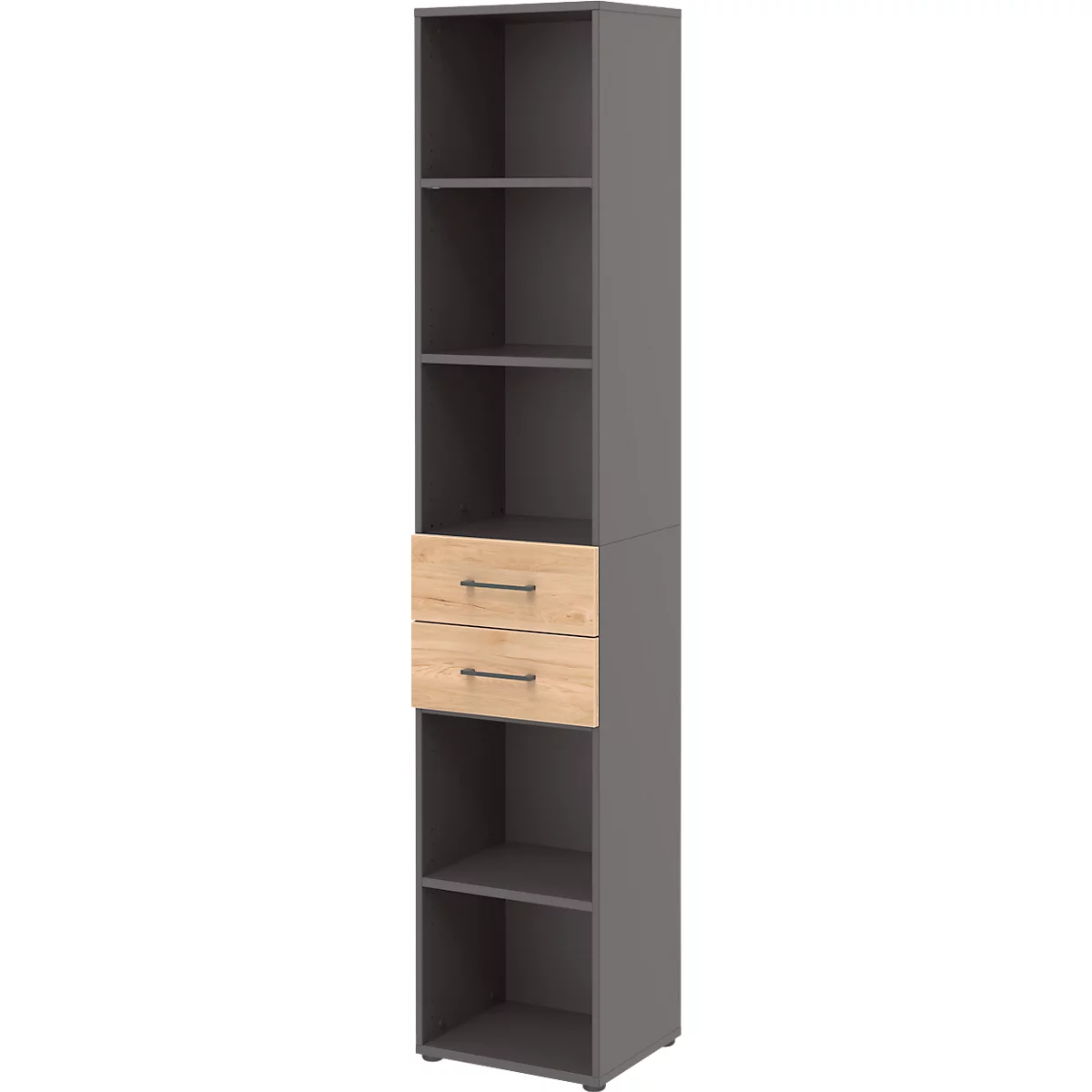Etagère combinée de bureau TEMPIO, en bois, 2 tiroirs, 6 OH, L 400 x P 330 x H 2130 mm, anthracite/chêne caryer 