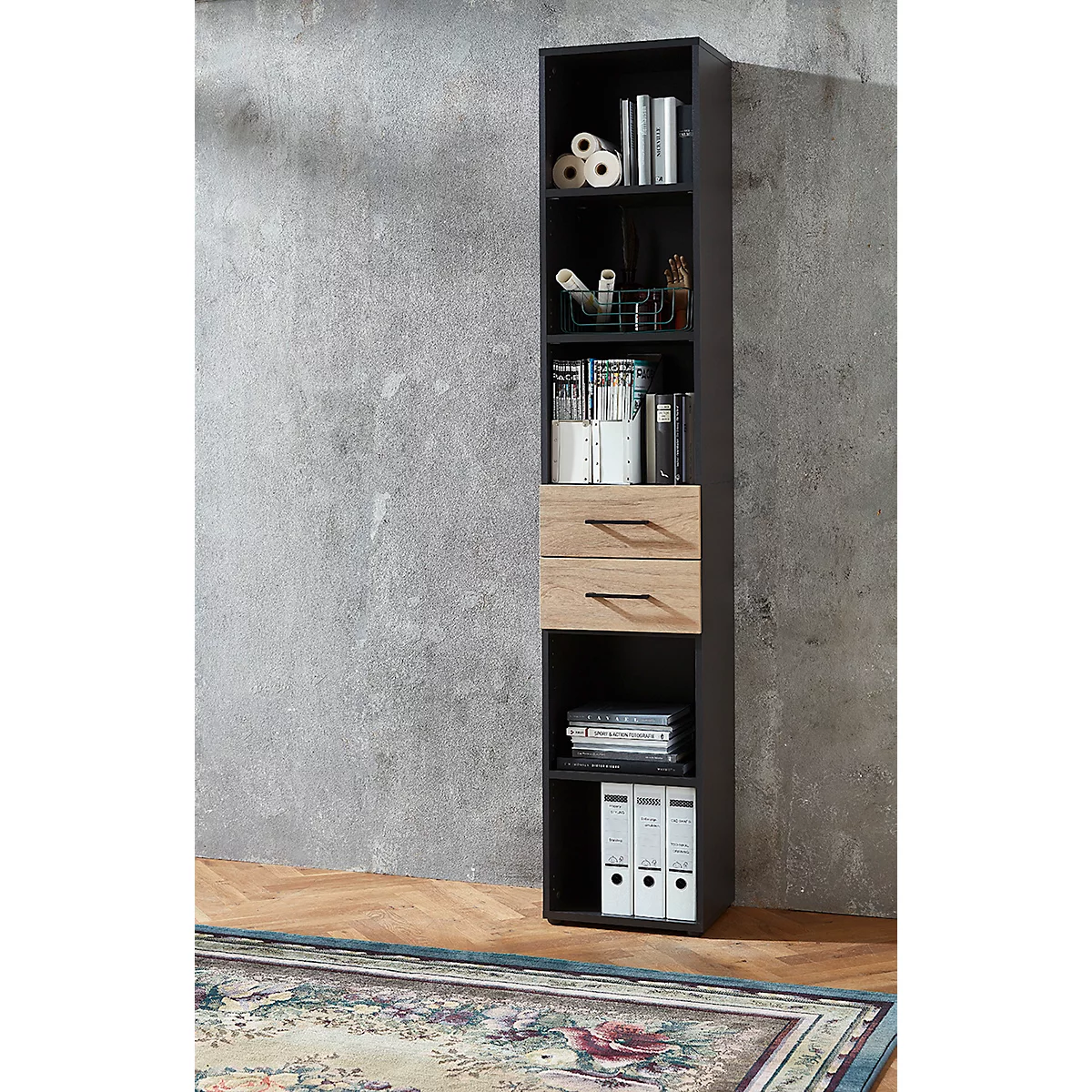 Etagère combinée de bureau TEMPIO, en bois, 2 tiroirs, 6 OH, L 400 x P 330 x H 2130 mm, anthracite/chêne caryer 