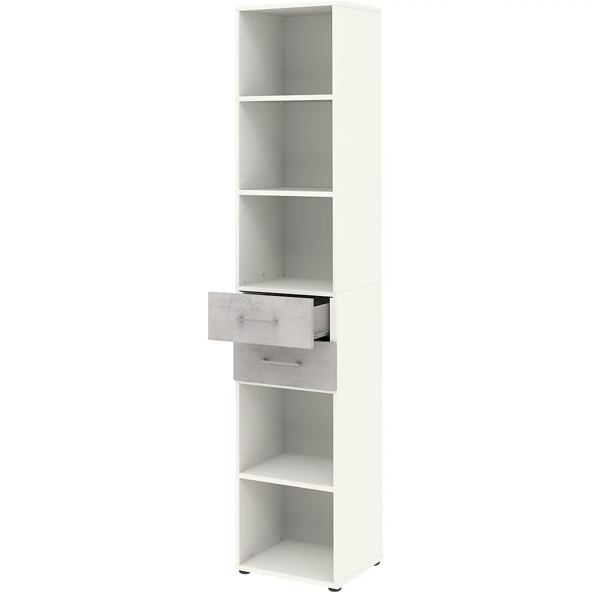 Etagère combinée de bureau TEMPIO, en bois, 2 tiroirs, 6 OH, L 400 x P 330 x H 2130 mm, blanc/béton