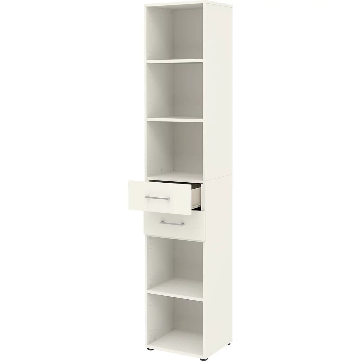Etagère combinée de bureau TEMPIO, en bois, 2 tiroirs, 6 OH, L 400 x P 330 x H 2130 mm, blanc/blanc