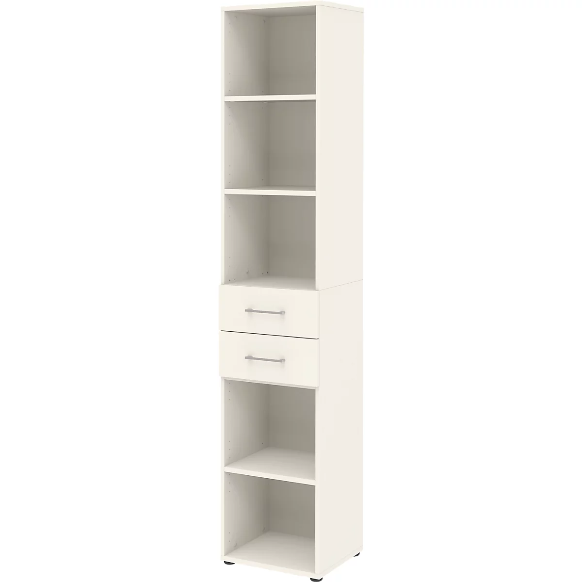 Etagère combinée de bureau TEMPIO, en bois, 2 tiroirs, 6 OH, L 400 x P 330 x H 2130 mm, blanc/blanc