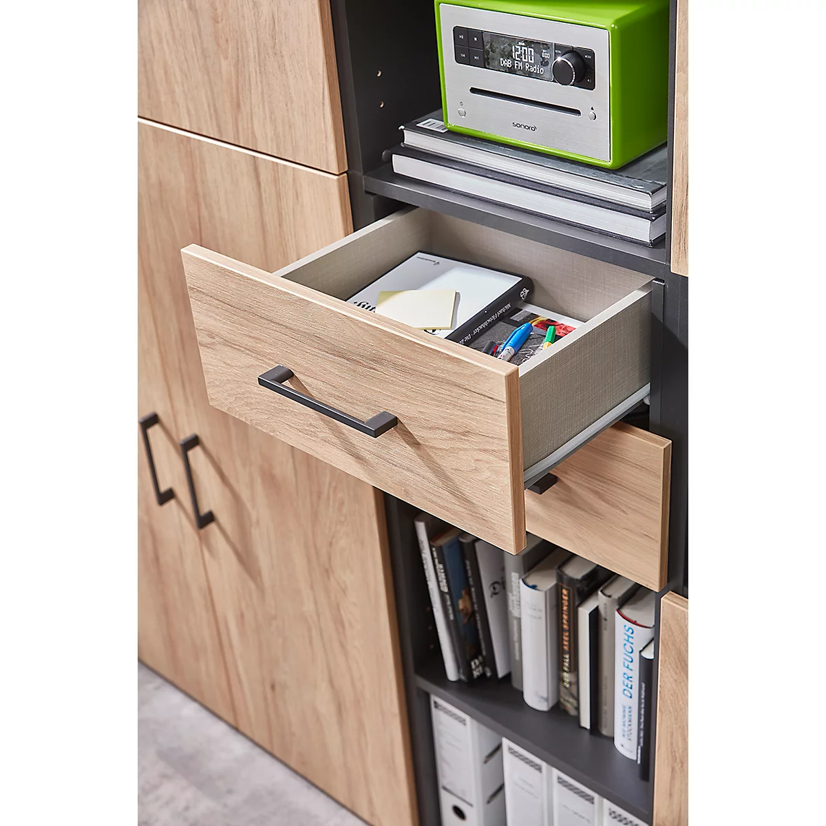 Etagère combinée de bureau TEMPIO, en bois, 2 tiroirs, 6 OH, L 400 x P 330 x H 2130 mm, blanc/blanc