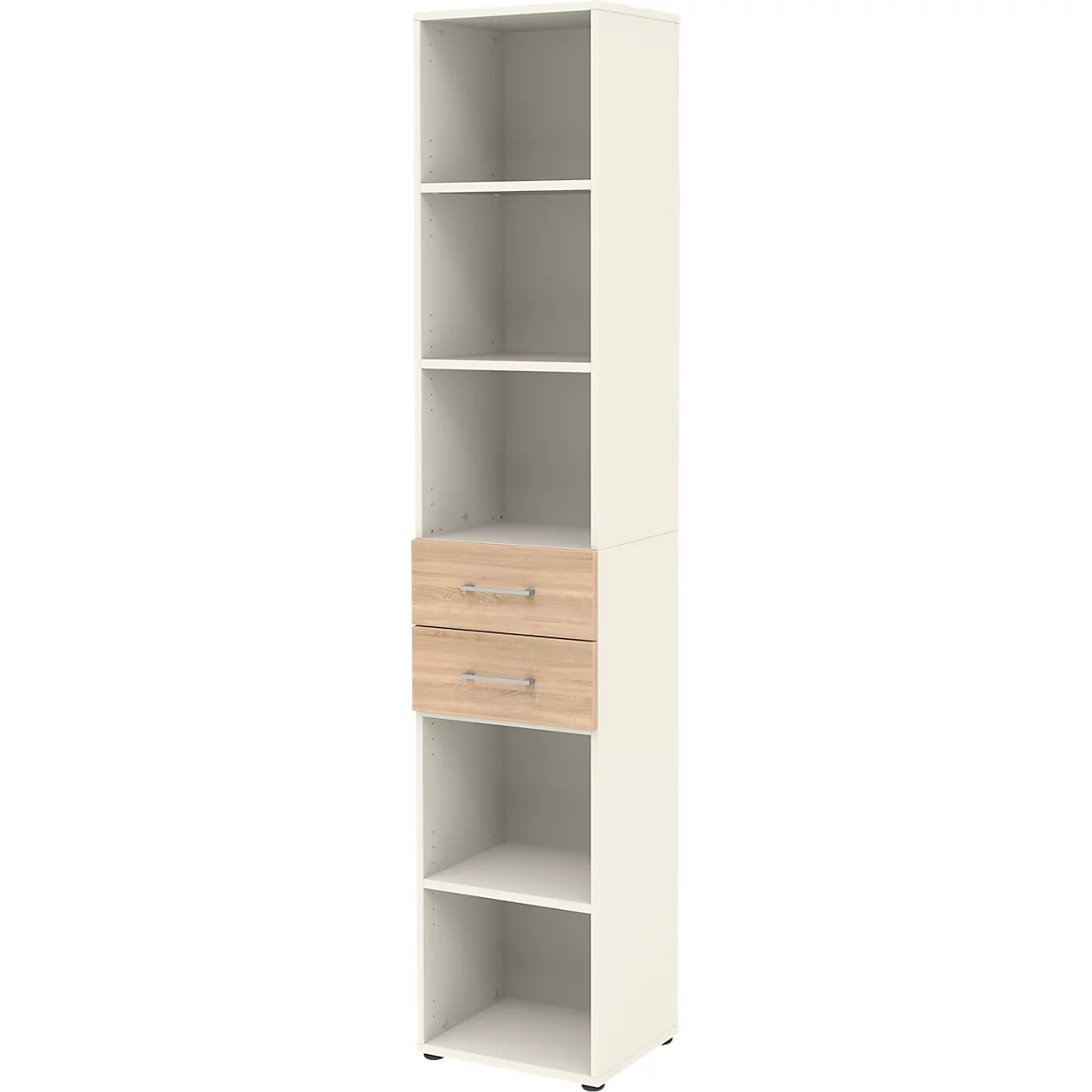 Etagère combinée de bureau TEMPIO, en bois, 2 tiroirs, 6 OH, L 400 x P 330 x H 2130 mm, blanc/chêne Sonoma
