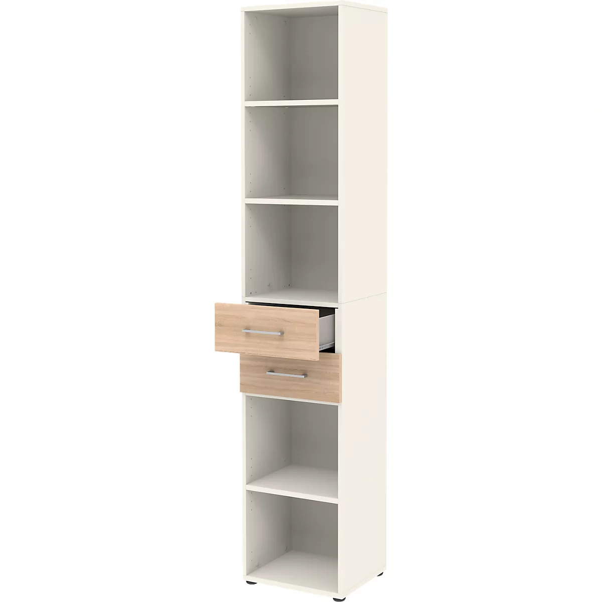 Etagère combinée de bureau TEMPIO, en bois, 2 tiroirs, 6 OH, L 400 x P 330 x H 2130 mm, blanc/chêne Sonoma