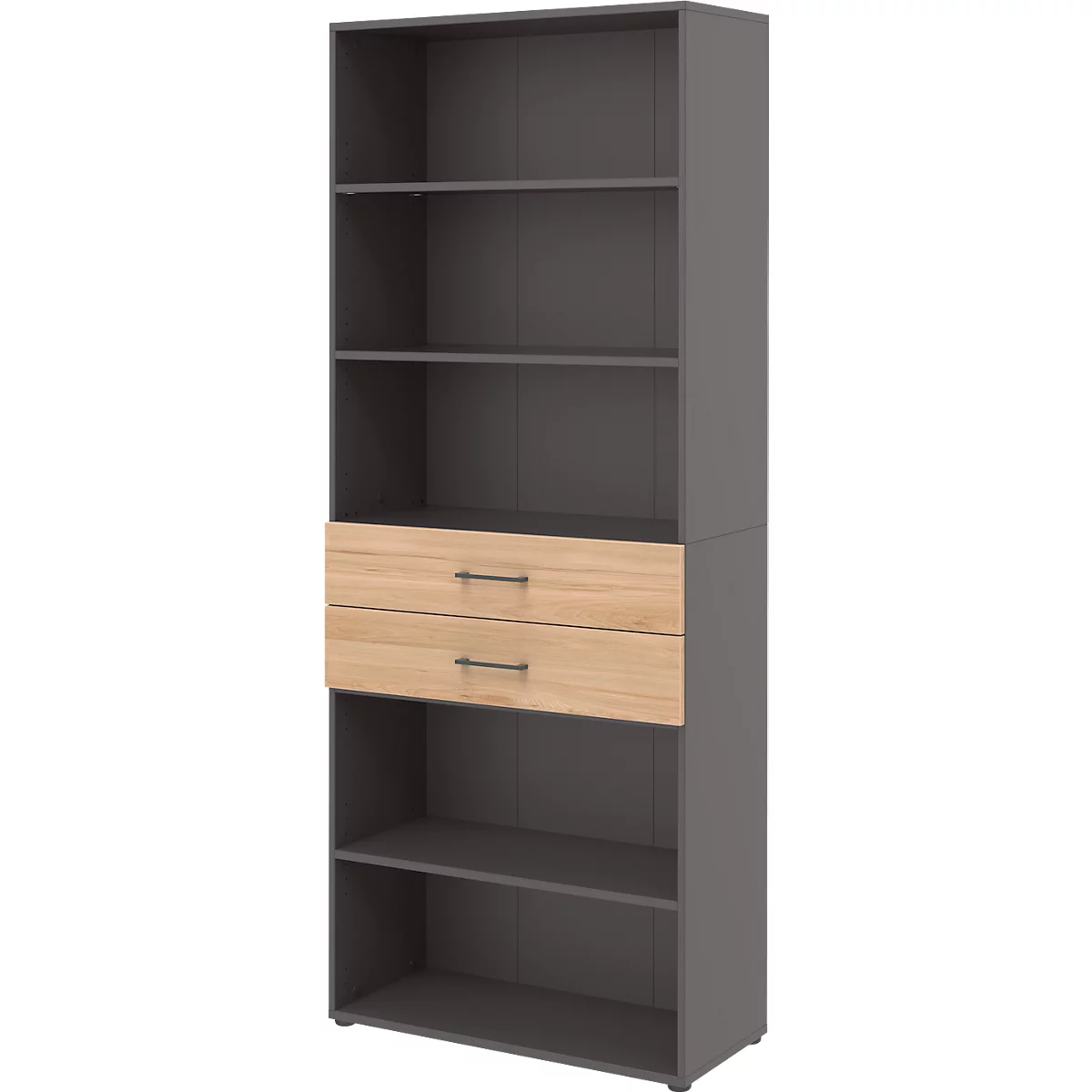 Etagère combinée de bureau TEMPIO, en bois, 2 tiroirs, 6 OH, L 800 x P 330 x H 2130 mm, anthracite/chêne caryer 