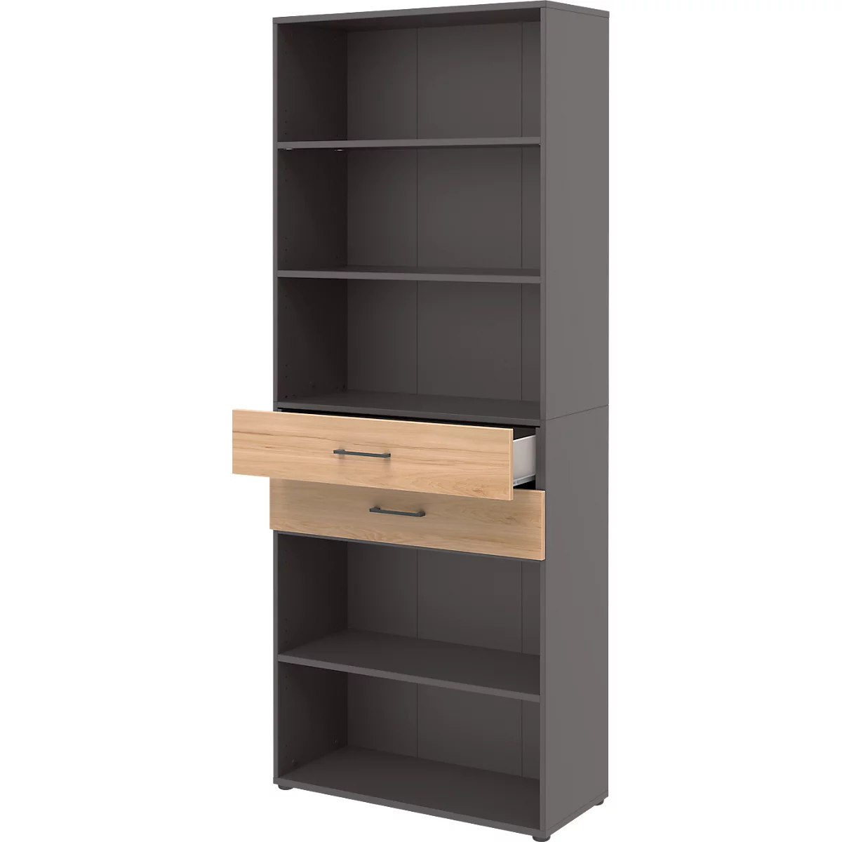 Etagère combinée de bureau TEMPIO, en bois, 2 tiroirs, 6 OH, L 800 x P 330 x H 2130 mm, anthracite/chêne caryer 