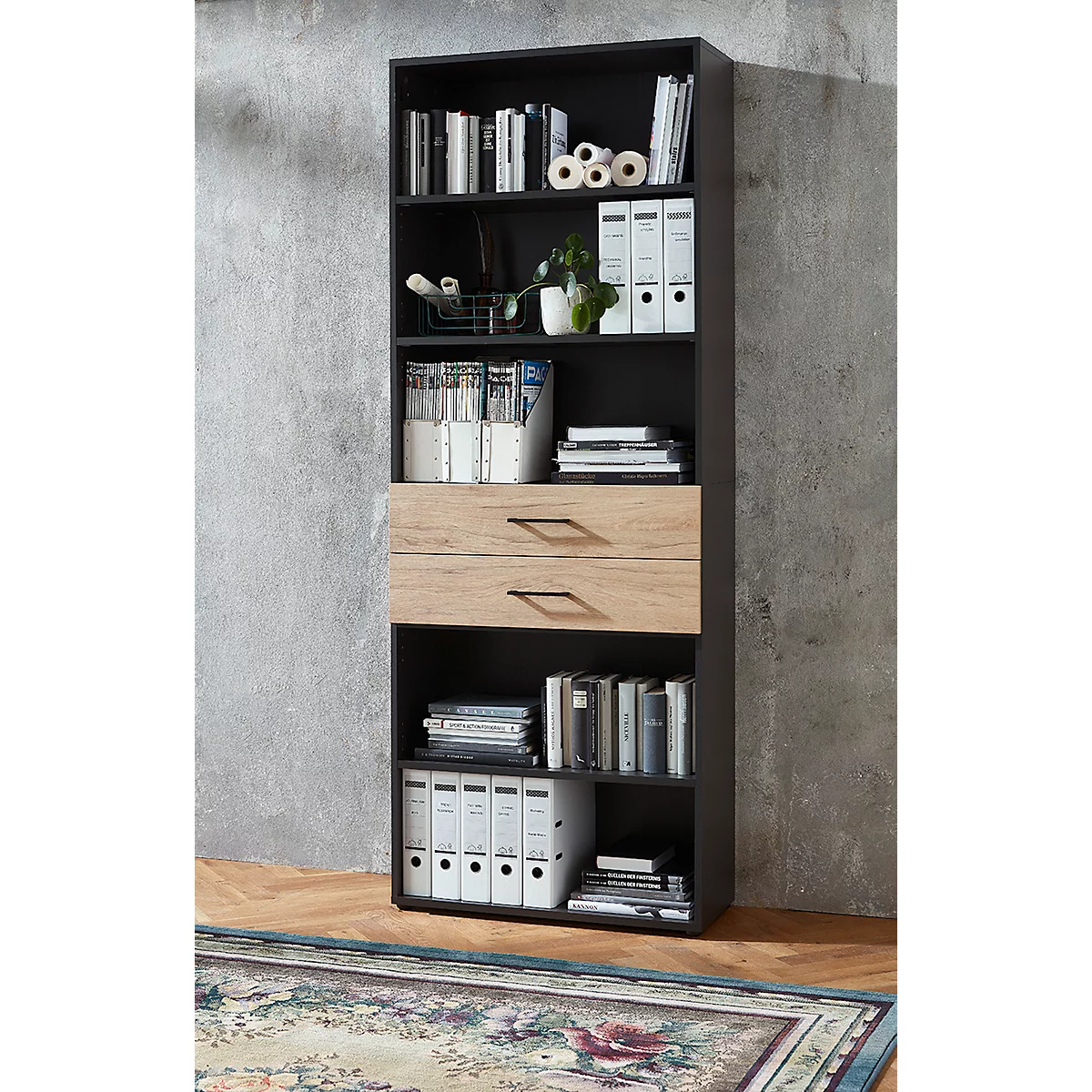 Etagère combinée de bureau TEMPIO, en bois, 2 tiroirs, 6 OH, L 800 x P 330 x H 2130 mm, anthracite/chêne caryer 