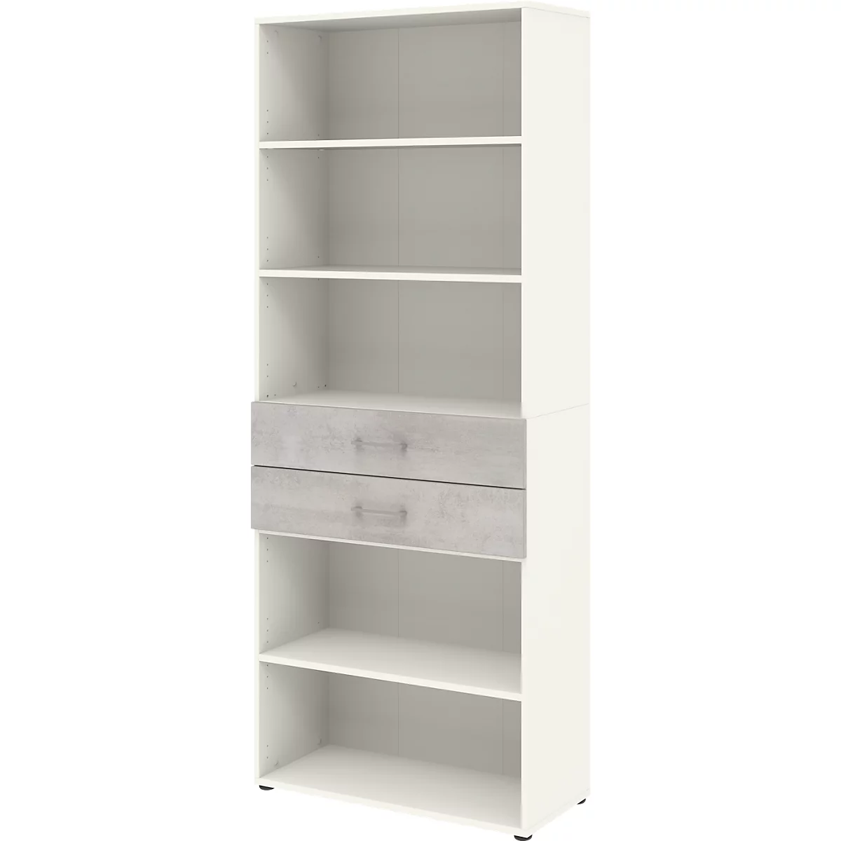Etagère combinée de bureau TEMPIO, en bois, 2 tiroirs, 6 OH, L 800 x P 330 x H 2130 mm, blanc/béton