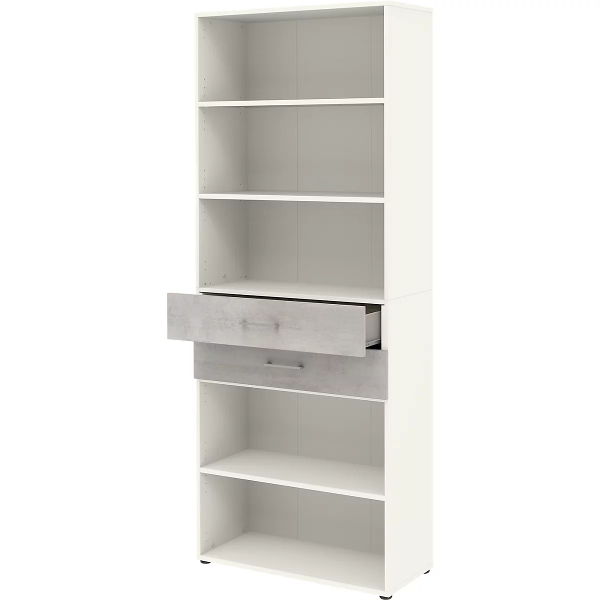Etagère combinée de bureau TEMPIO, en bois, 2 tiroirs, 6 OH, L 800 x P 330 x H 2130 mm, blanc/béton