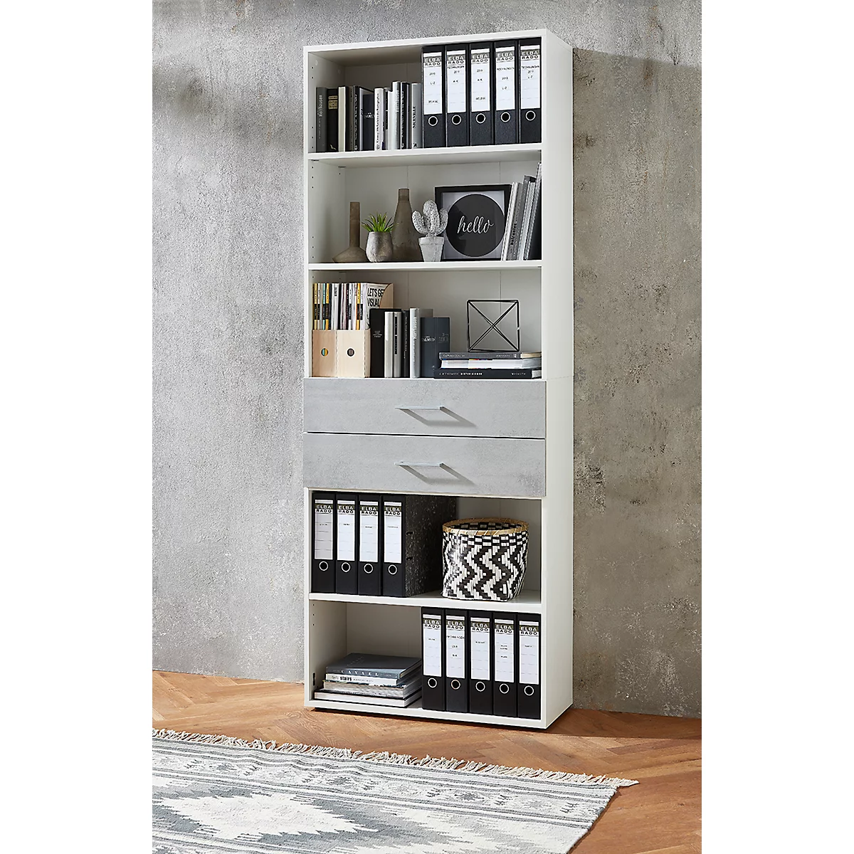 Etagère combinée de bureau TEMPIO, en bois, 2 tiroirs, 6 OH, L 800 x P 330 x H 2130 mm, blanc/béton