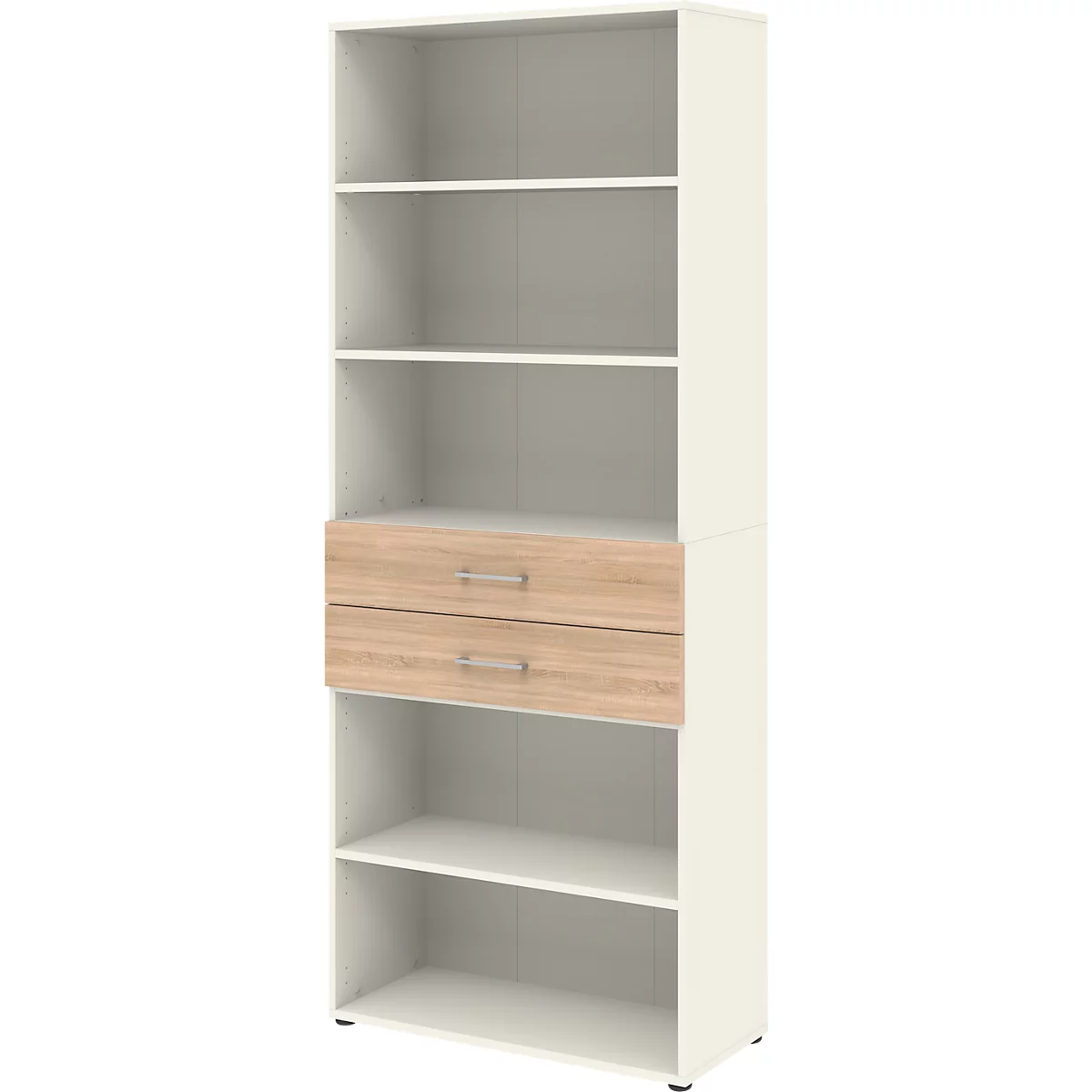 Etagère combinée de bureau TEMPIO, en bois, 2 tiroirs, 6 OH, L 800 x P 330 x H 2130 mm, blanc/chêne Sonoma