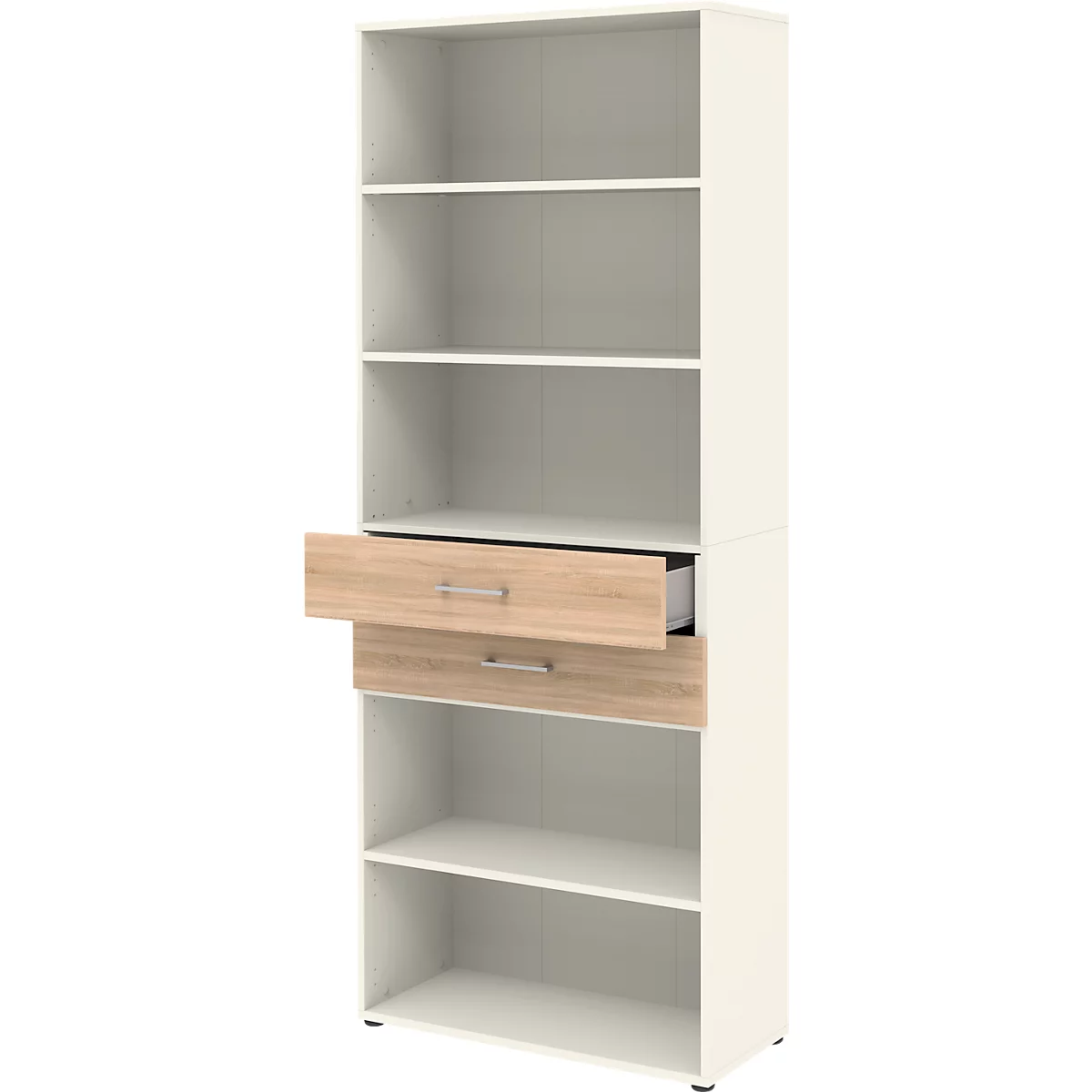 Etagère combinée de bureau TEMPIO, en bois, 2 tiroirs, 6 OH, L 800 x P 330 x H 2130 mm, blanc/chêne Sonoma
