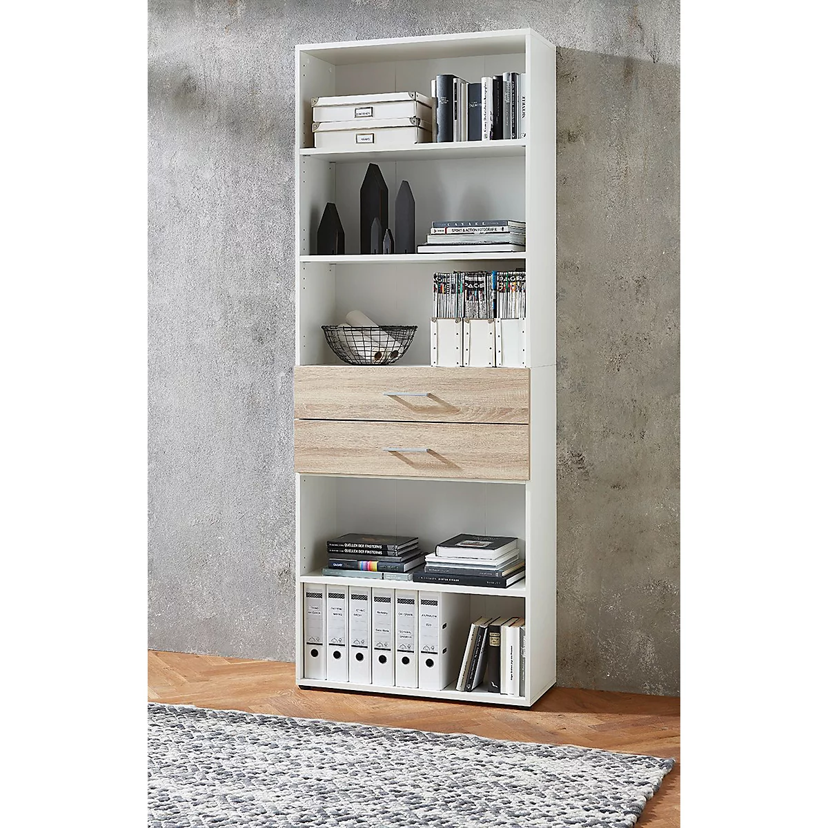 Etagère combinée de bureau TEMPIO, en bois, 2 tiroirs, 6 OH, L 800 x P 330 x H 2130 mm, blanc/chêne Sonoma