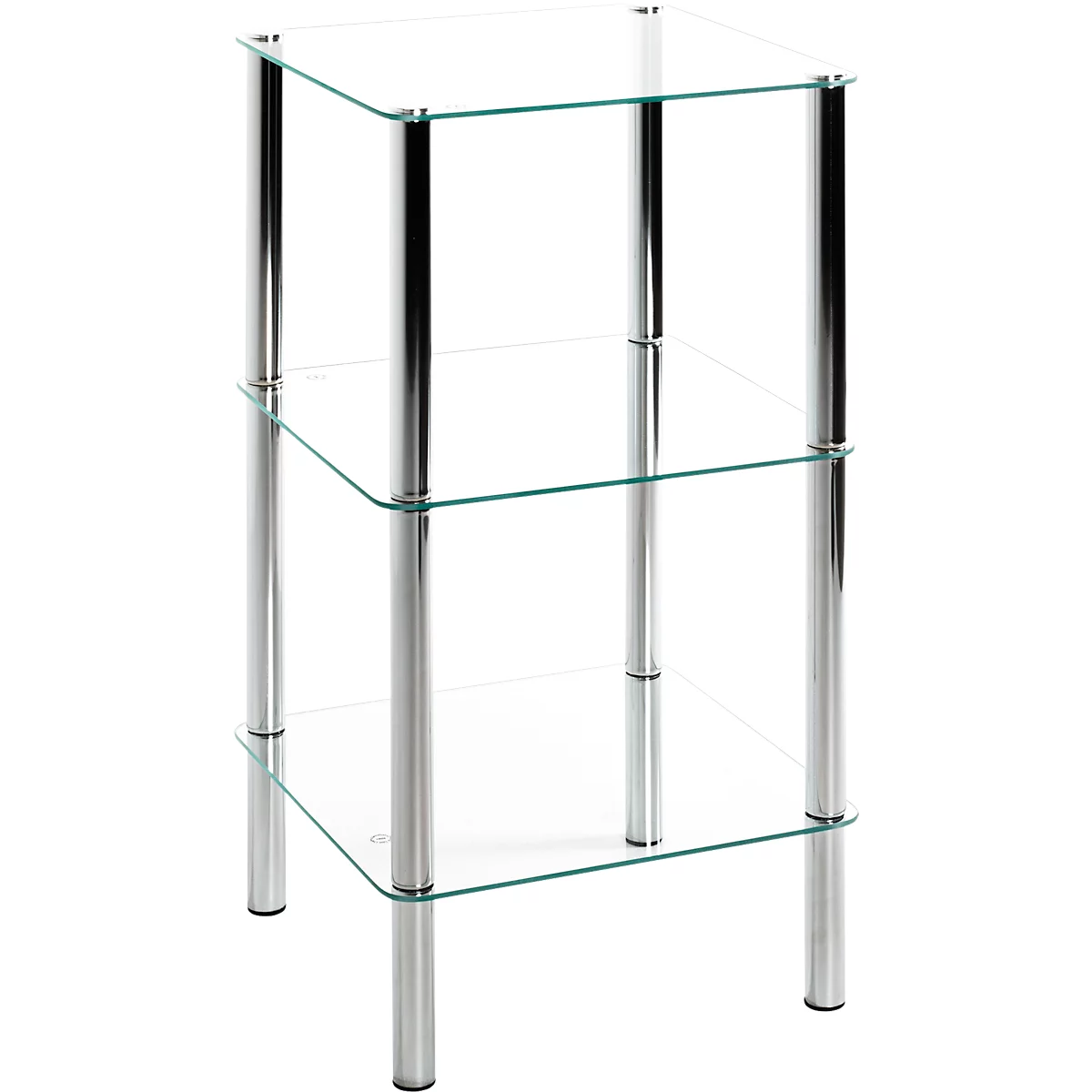 Étagère en verre avec trois étagères et supports argentés.