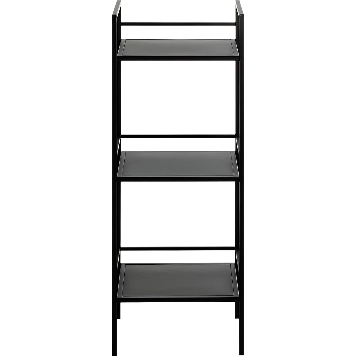Étagère noire avec quatre étagères et un cadre en métal.