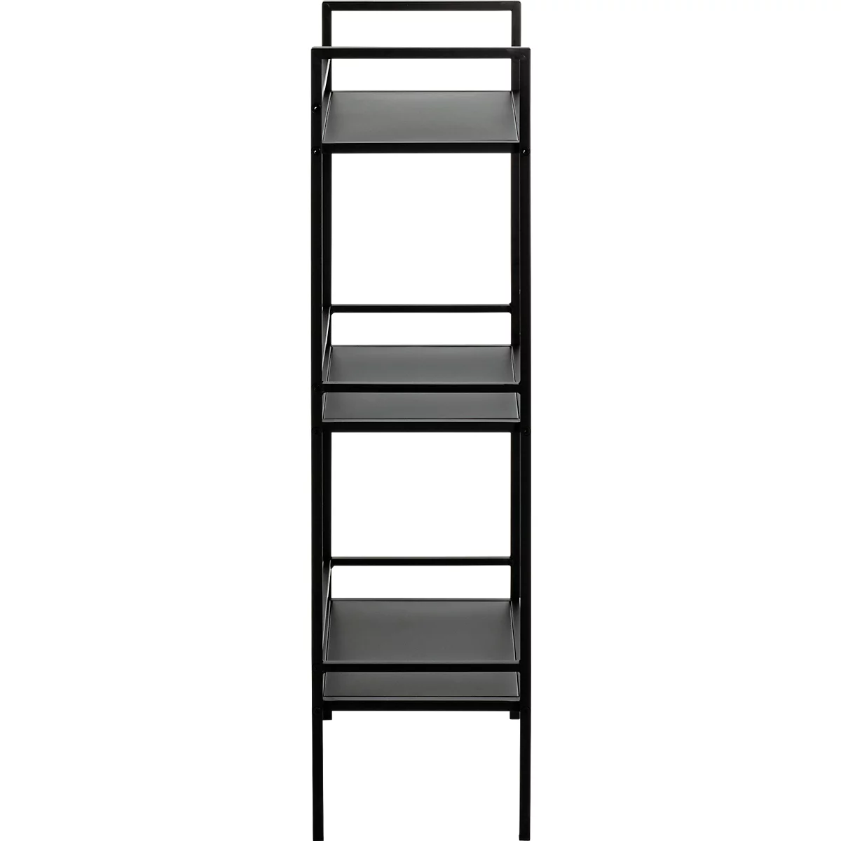 Étagère noire avec quatre étagères ouvertes. Cadre métallique, design simple.