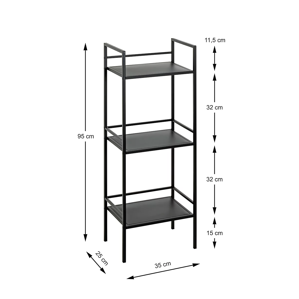 Étagère noire avec trois étagères et dimensions.