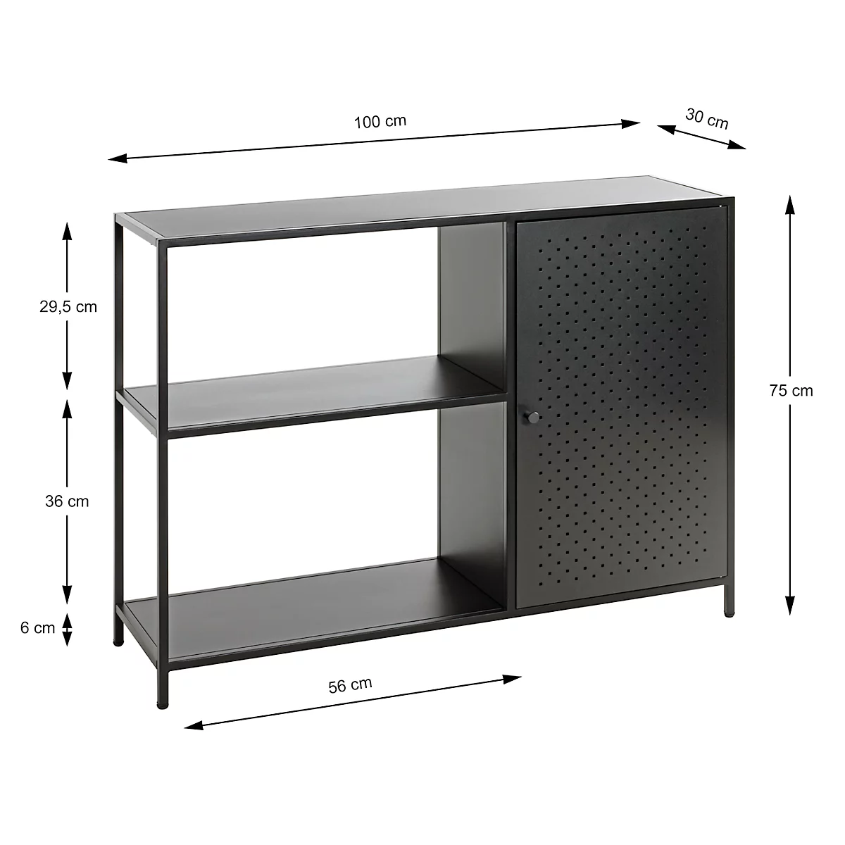 Étagère noire avec deux compartiments ouverts et un compartiment armoire. L'étagère est dimensionnée.