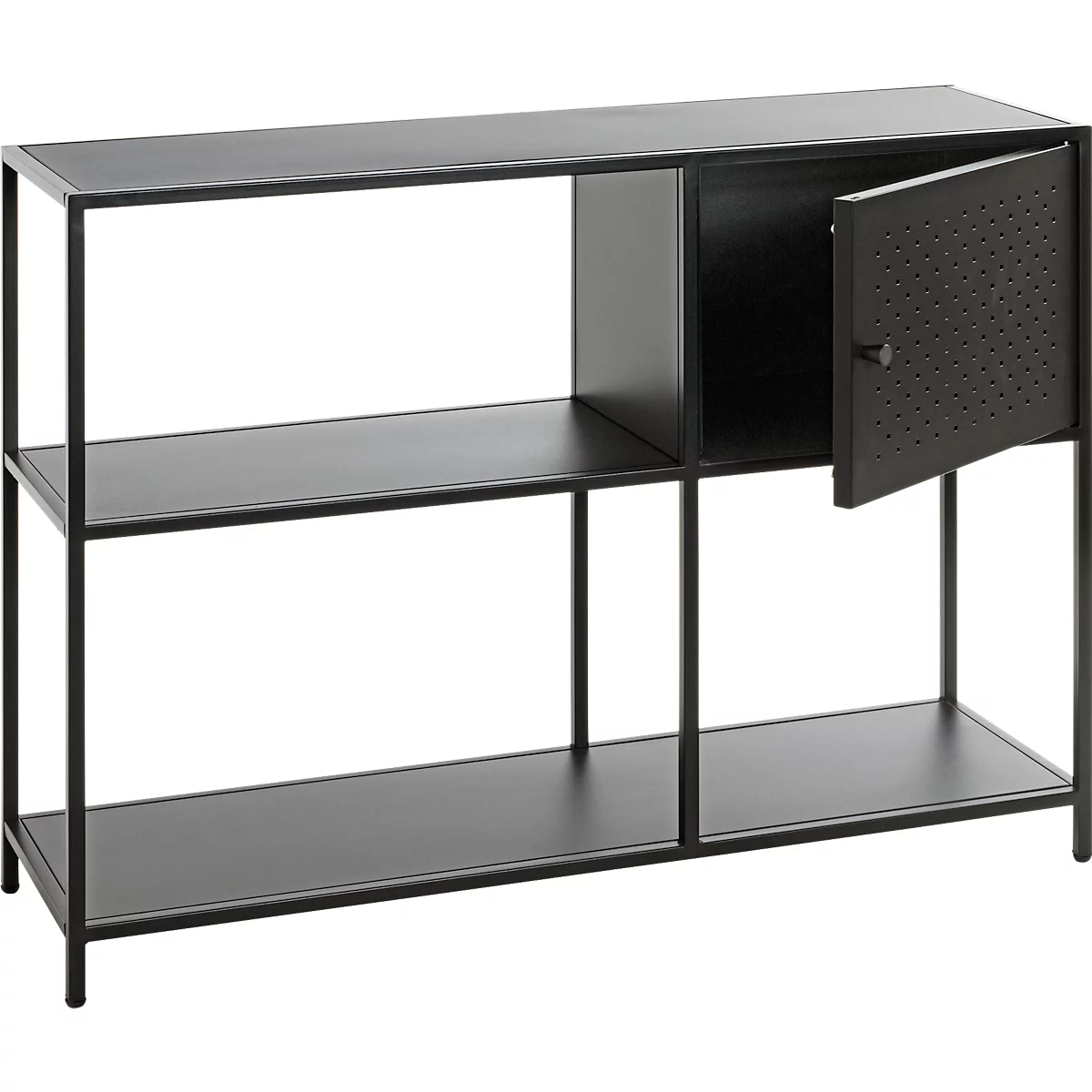 Étagère noire avec compartiments ouverts et une porte perforée. L'étagère repose sur de fins pieds noirs.