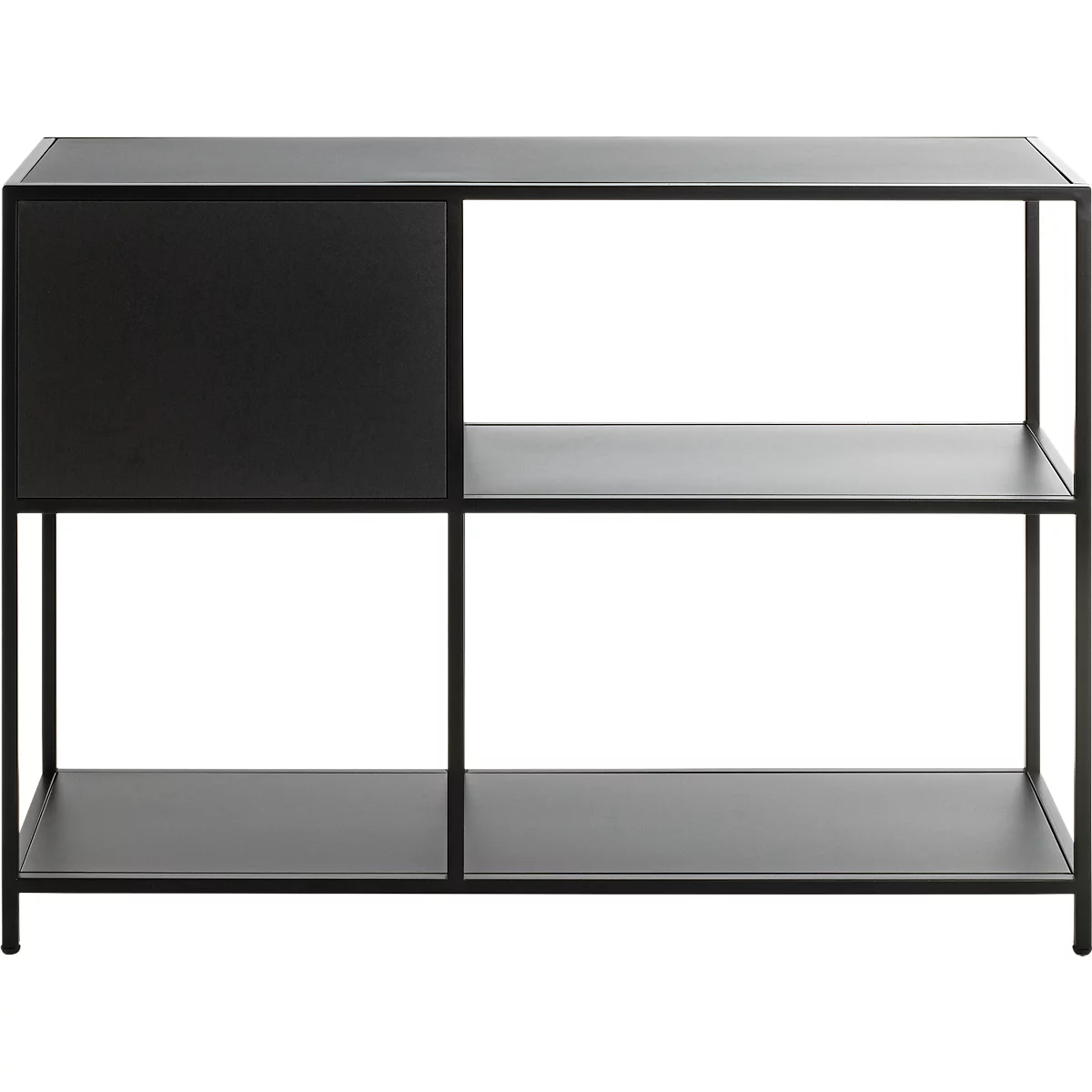 Étagère noire avec deux étagères et un compartiment d'armoire sur le côté gauche.