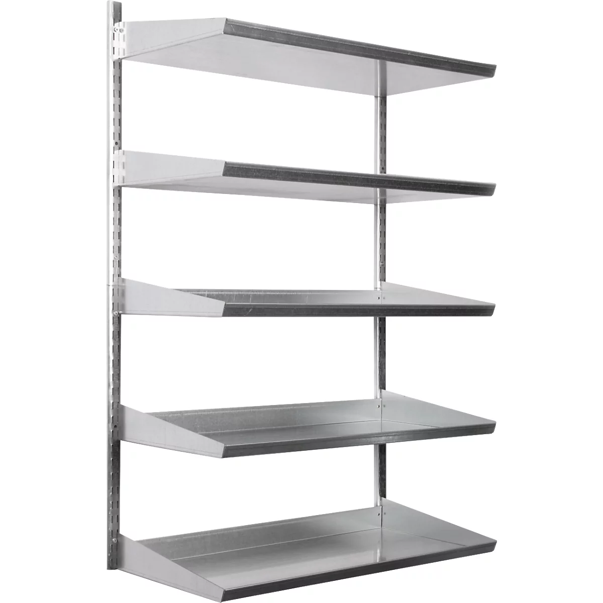 Étagère métallique à quatre étagères, fixée au mur.